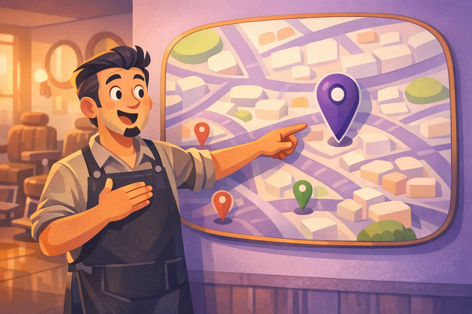 Barbershop owner pointing at a neighborhood map on his wall where one rival location pin towers over the rest