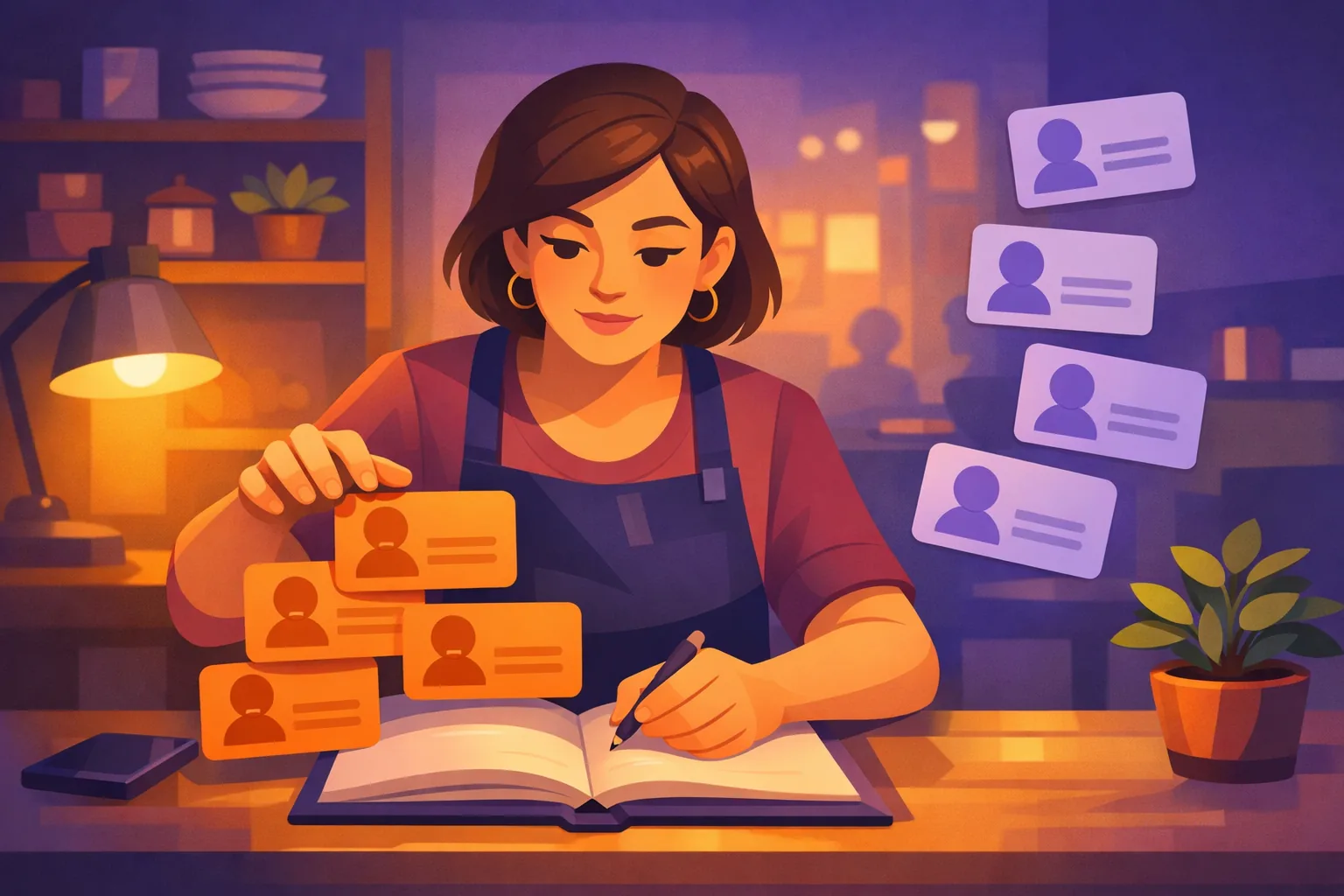 Restaurant owner at an evening desk pulling amber complaint cards toward an open notebook