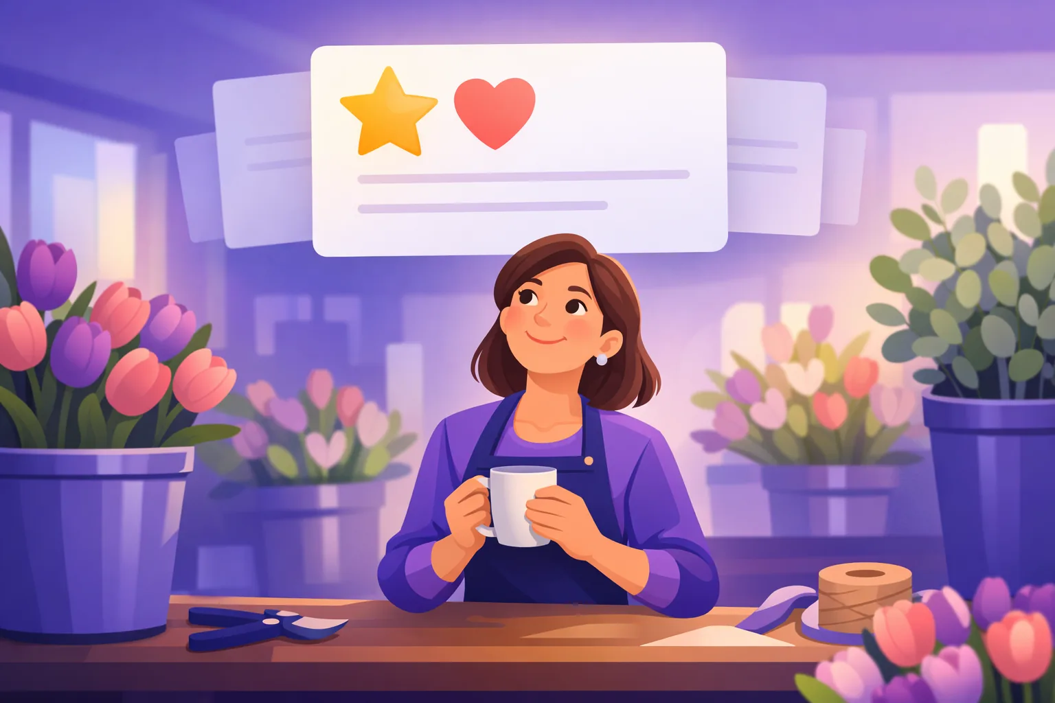 Florist looking up at one glowing five-star review card floating above her worktable of tulips