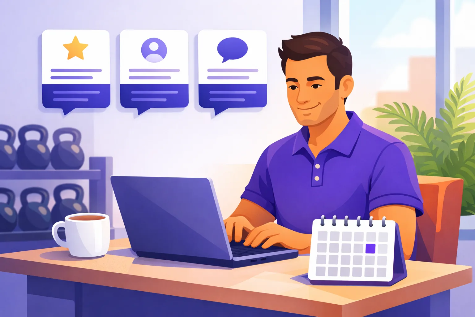 Gym owner at a sunny desk typing replies beside a calendar with one violet day marked