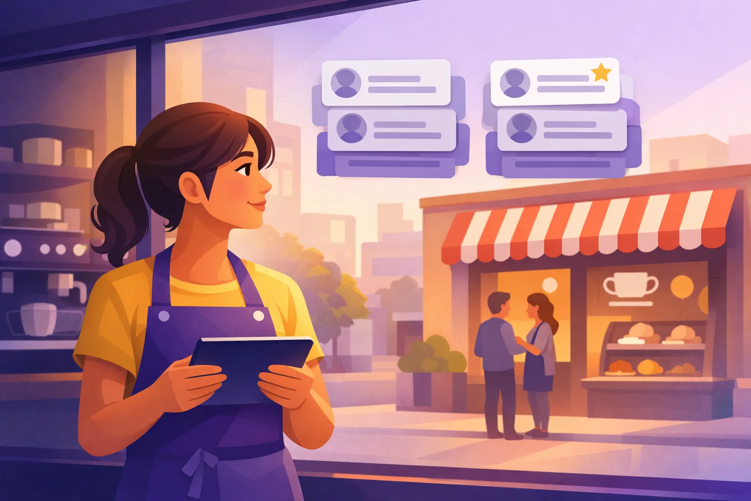 Cafe owner at her shop window studying two stacks of competitor review cards floating above her tablet