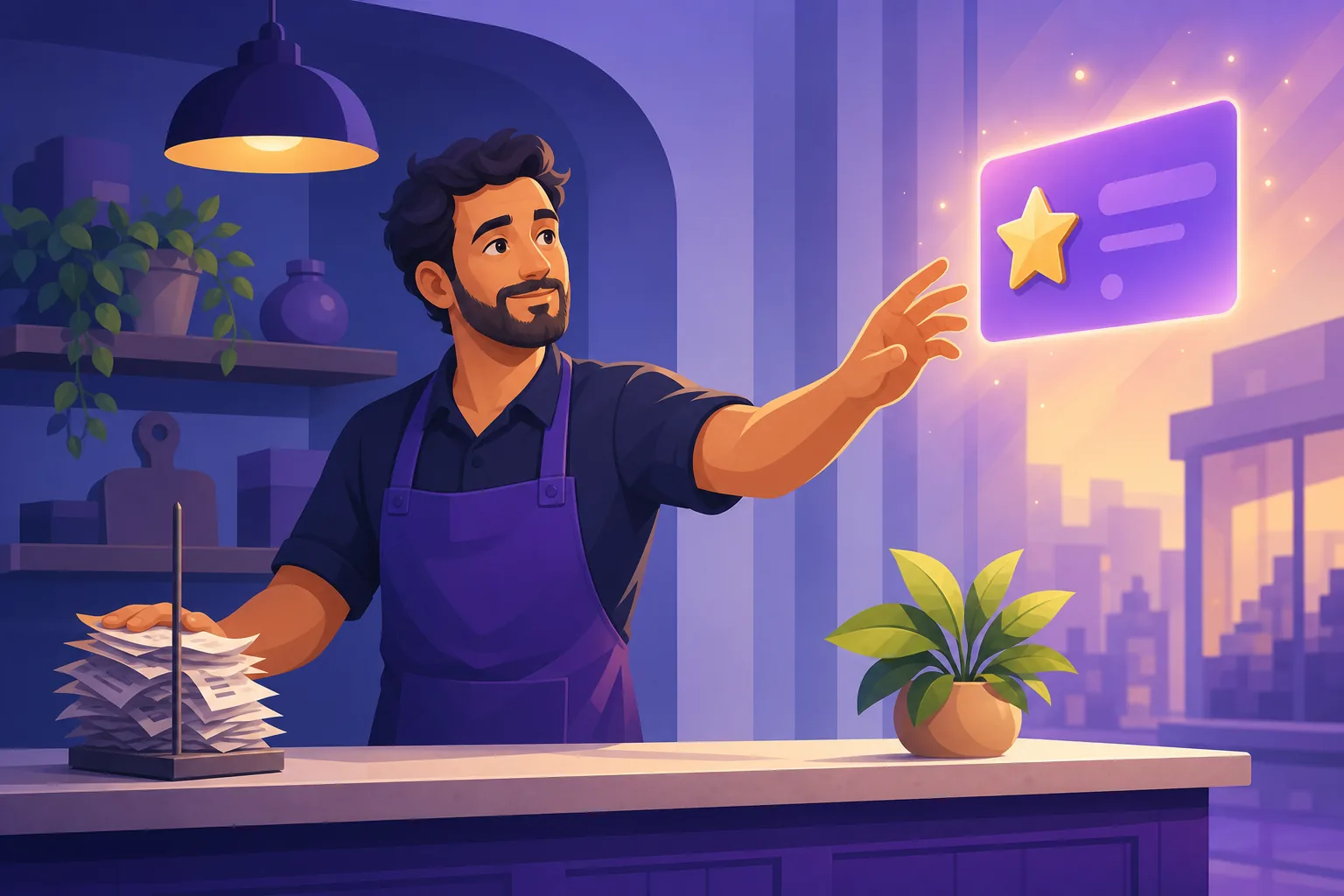 Owner reaching past cold past-tense receipts toward a glowing review card that shows what's coming