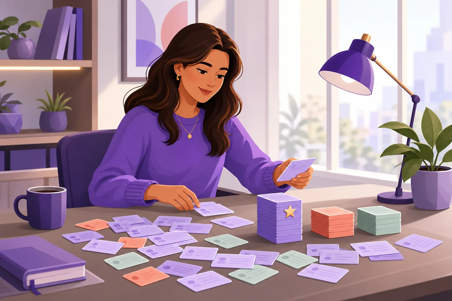 Business owner calmly sorting a scatter of review cards into a few neat stacks by theme