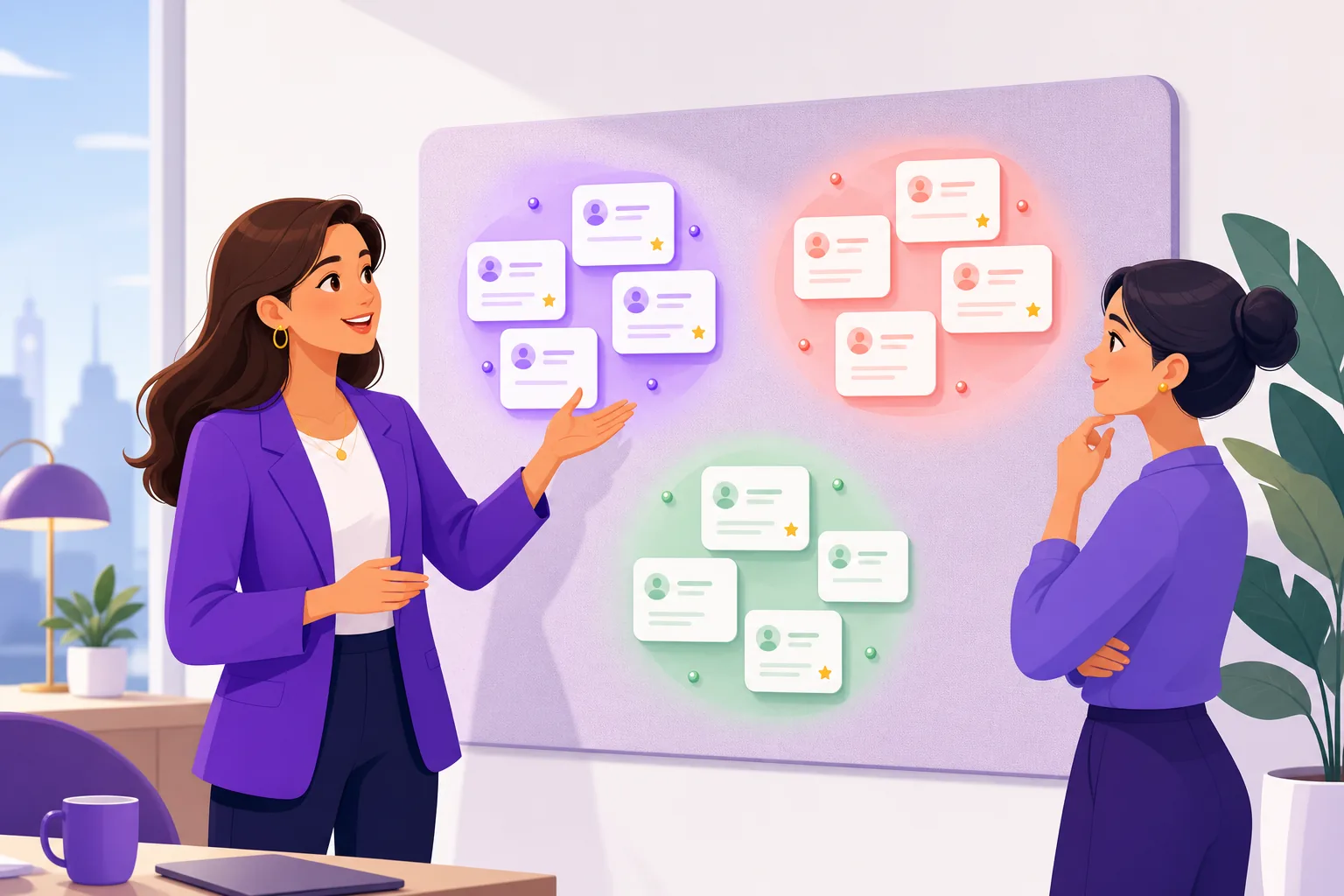 Manager pointing at a board where review cards have grouped themselves into a few glowing clusters