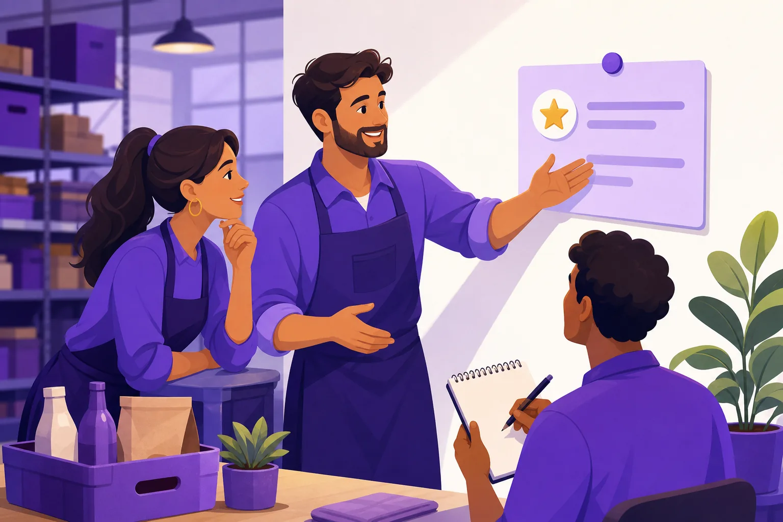 Owner briefing two staff members around a single highlighted review card, deciding on one fix