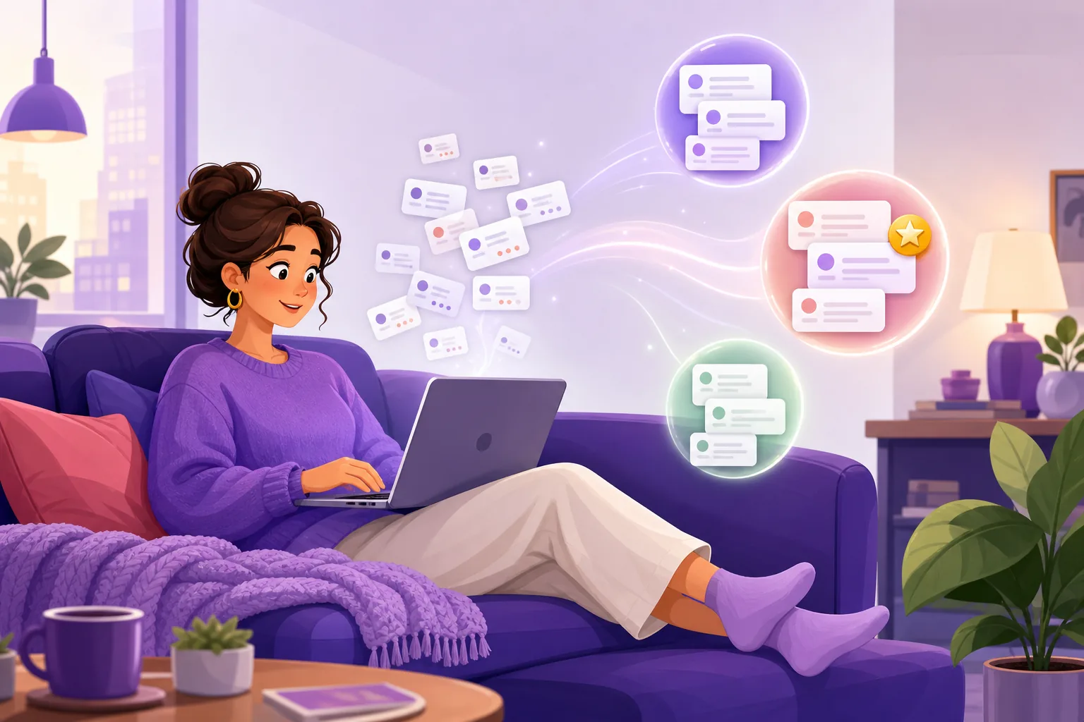 Relieved owner on a couch watching a messy pile of reviews reorganize itself into a few glowing themes