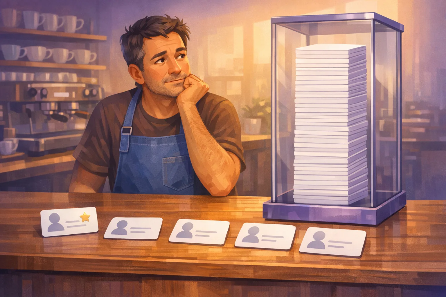 Cafe owner looking at five review cards on a counter while a taller stack waits behind glass
