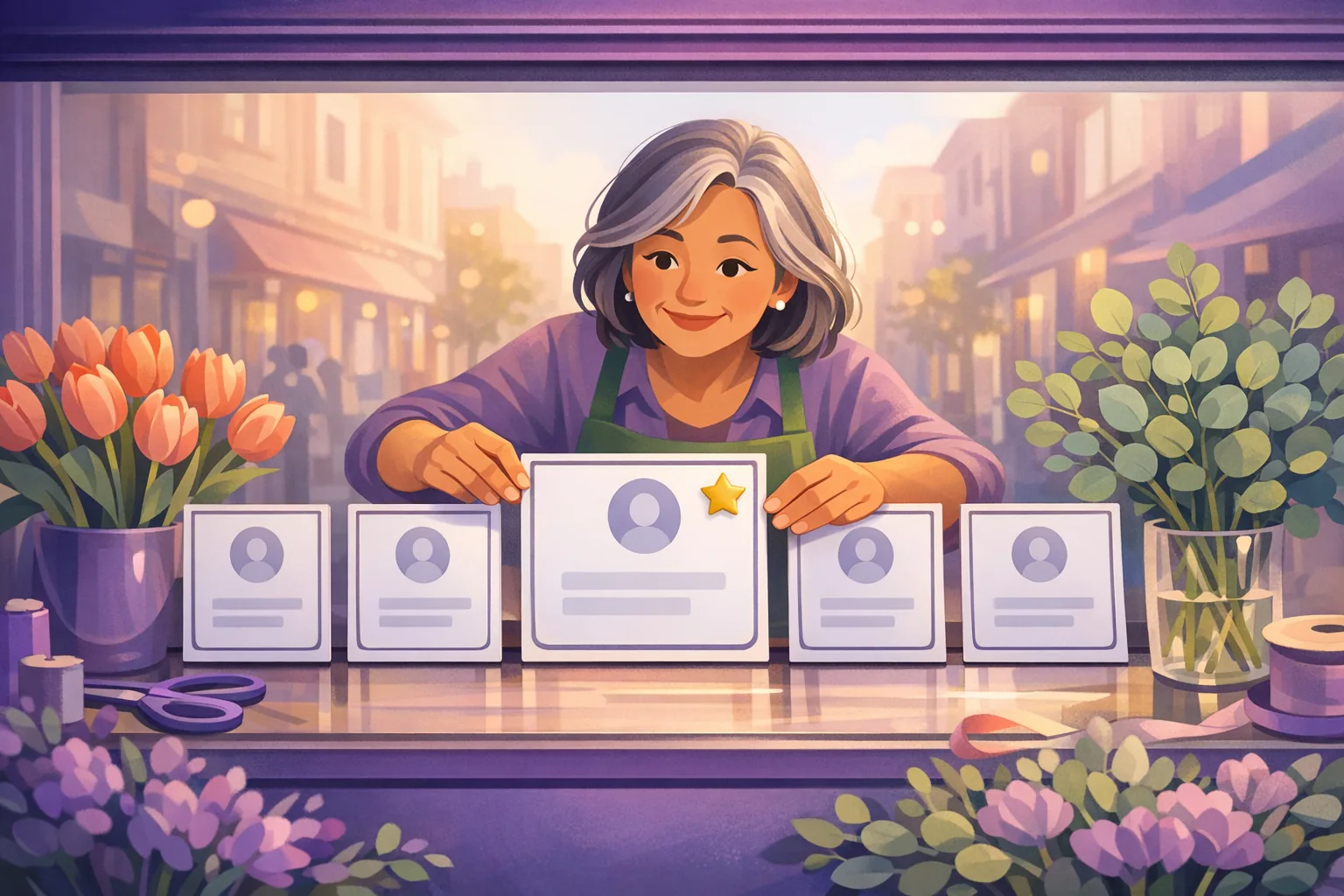 Shop owner arranging framed customer review cards in her storefront window display