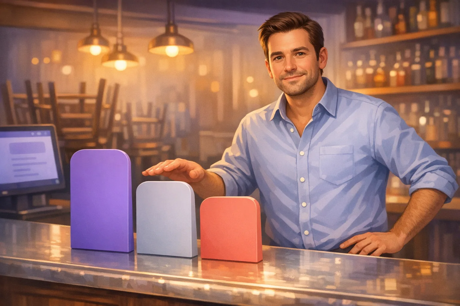 Restaurant owner at a counter weighing plan cards of different heights, choosing between them