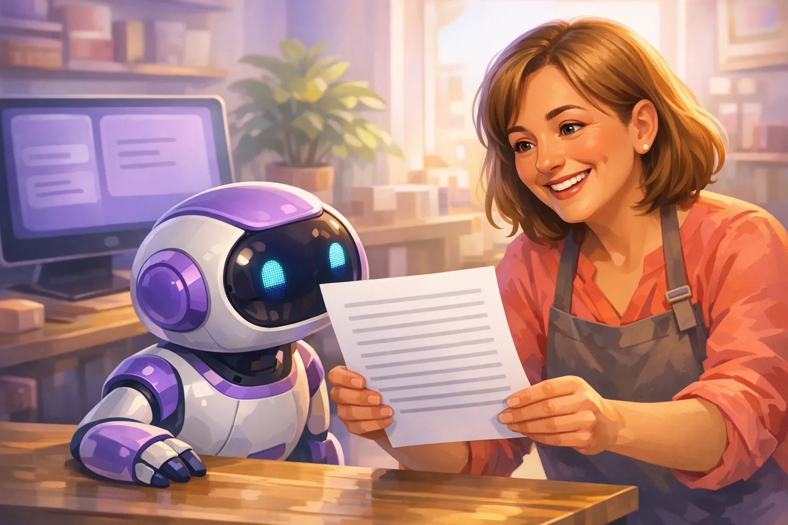 Friendly small robot happily reading a printed page a shop owner holds out for it