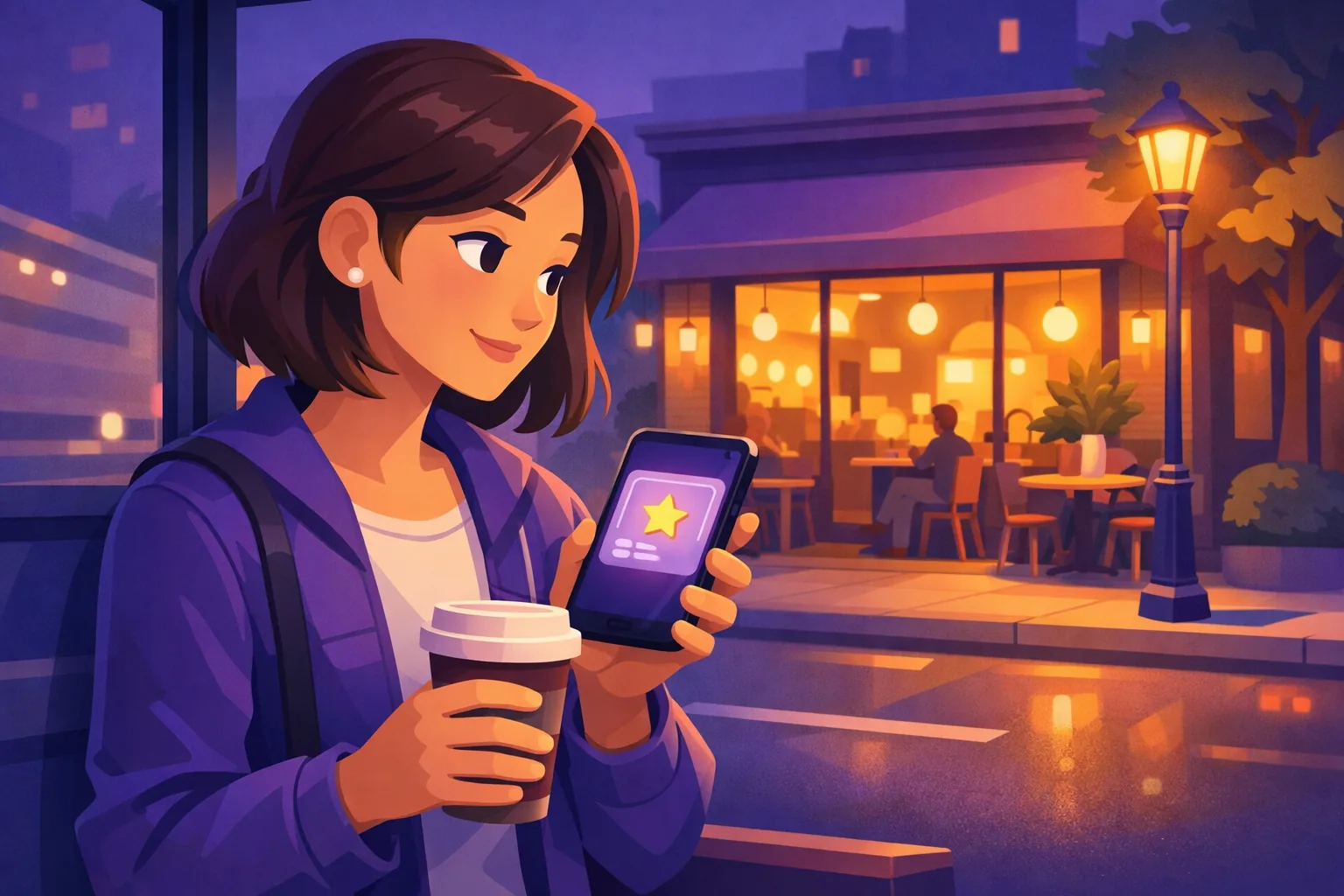 Prospective customer at a bus stop reading reviews for a nearby business on her phone, a gold star badge glowing on the screen