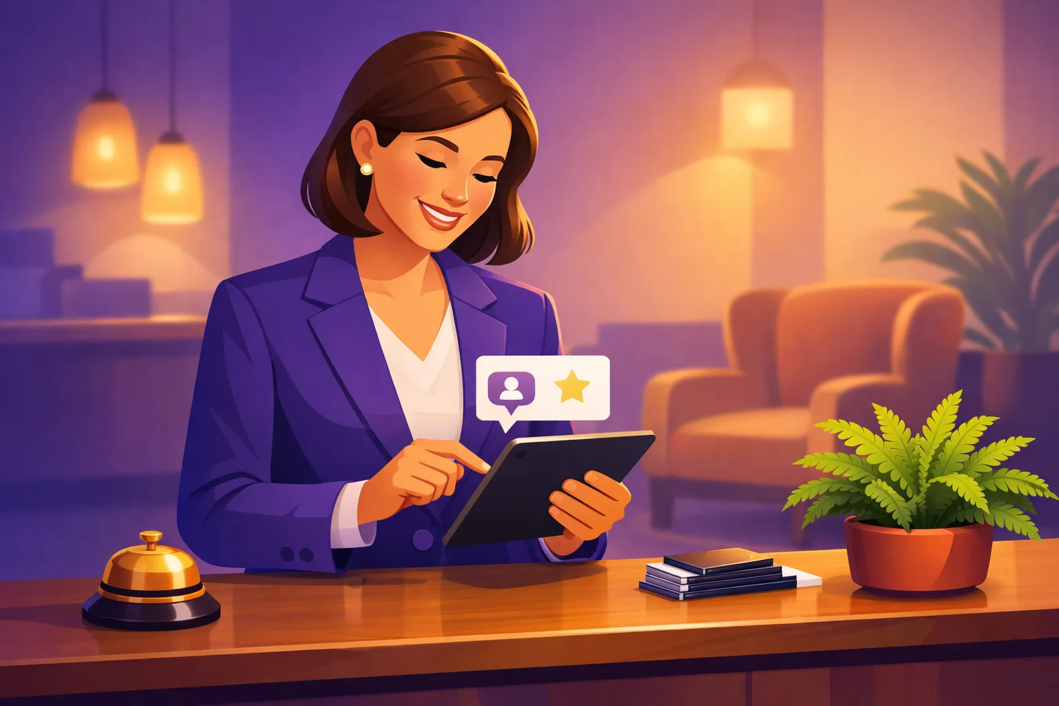 Hotel front desk manager in a tidy lobby reviewing guest feedback cards on a tablet, keys and a small plant beside her