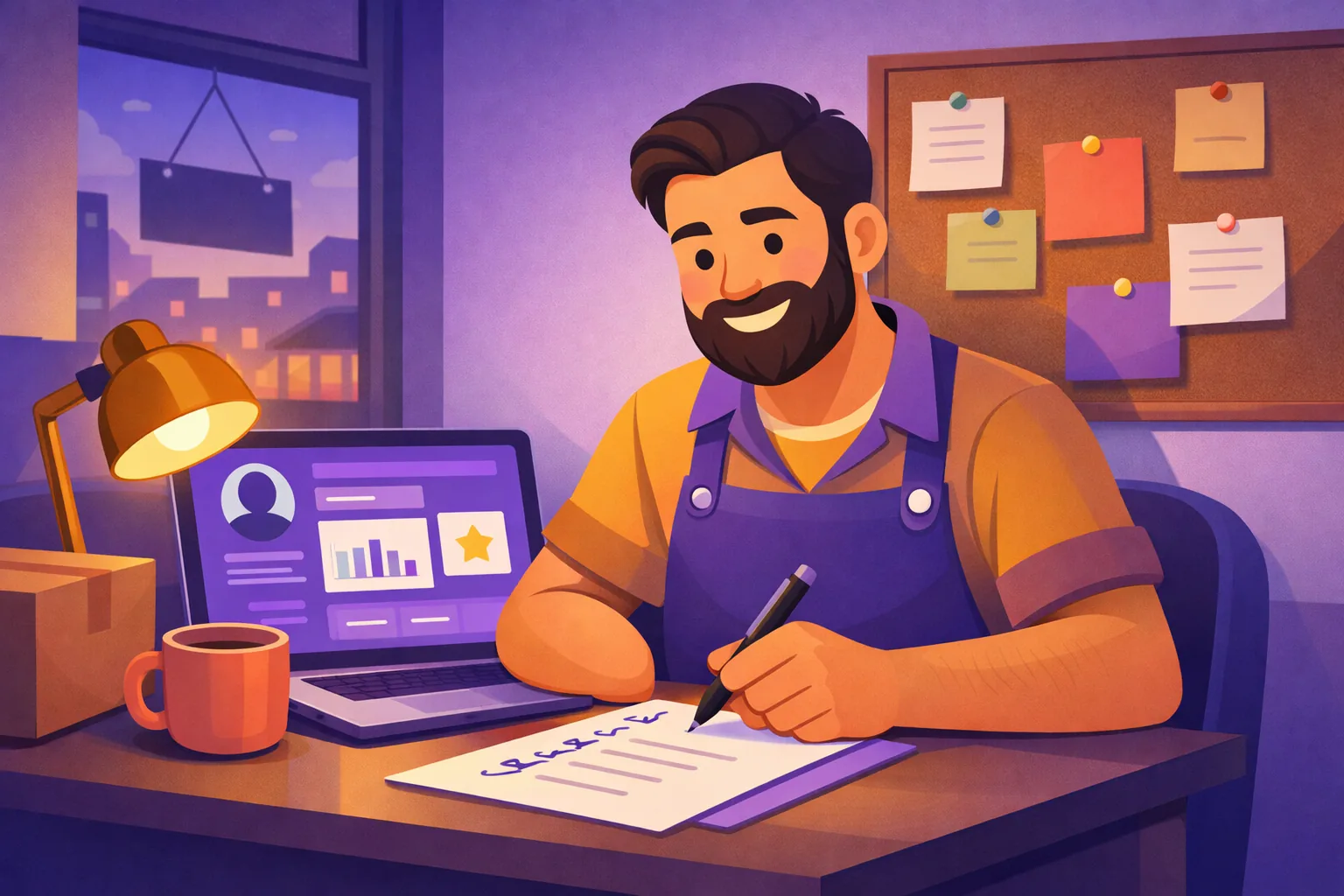 Cheerful shop owner at a desk ticking items off a short checklist beside a laptop, evening light through the window