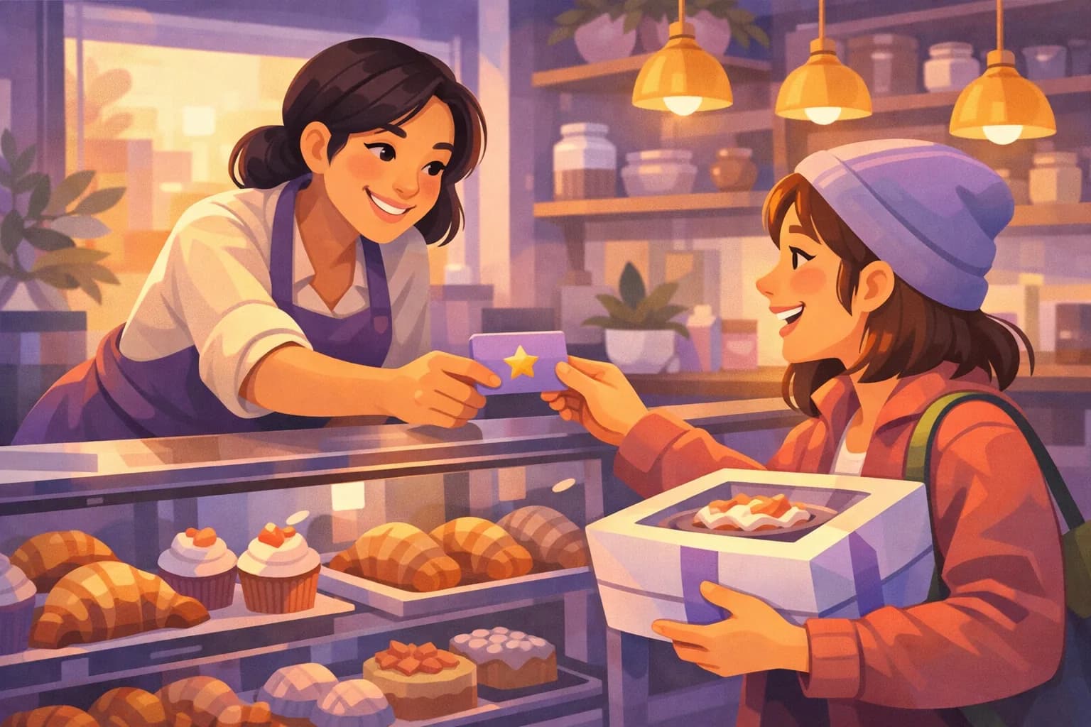 Business owner handing a happy customer a small review card with a gold star across the counter, warm bakery in the background