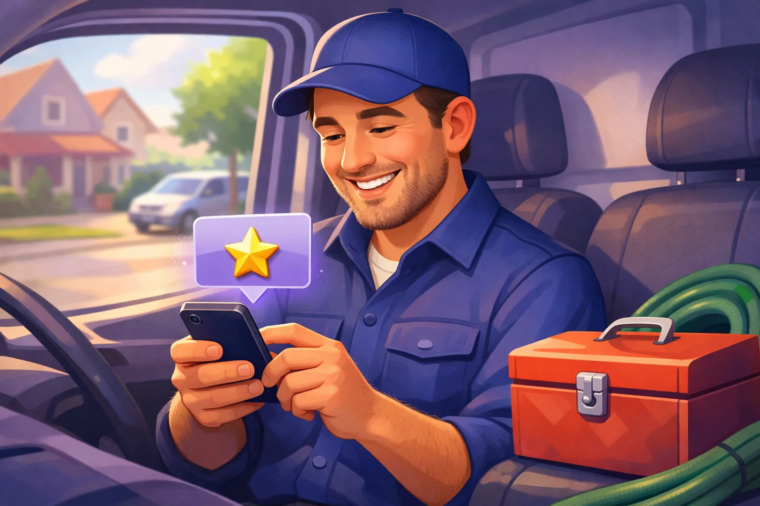 Plumber in his service van between jobs, smiling at a new review notification on his phone, toolbox on the passenger seat