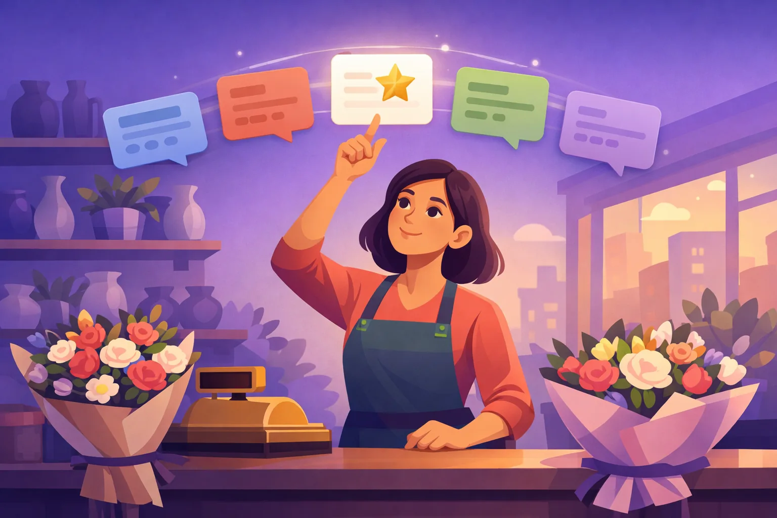 Small business owner at her shop counter choosing between floating review site cards, one marked with a gold star