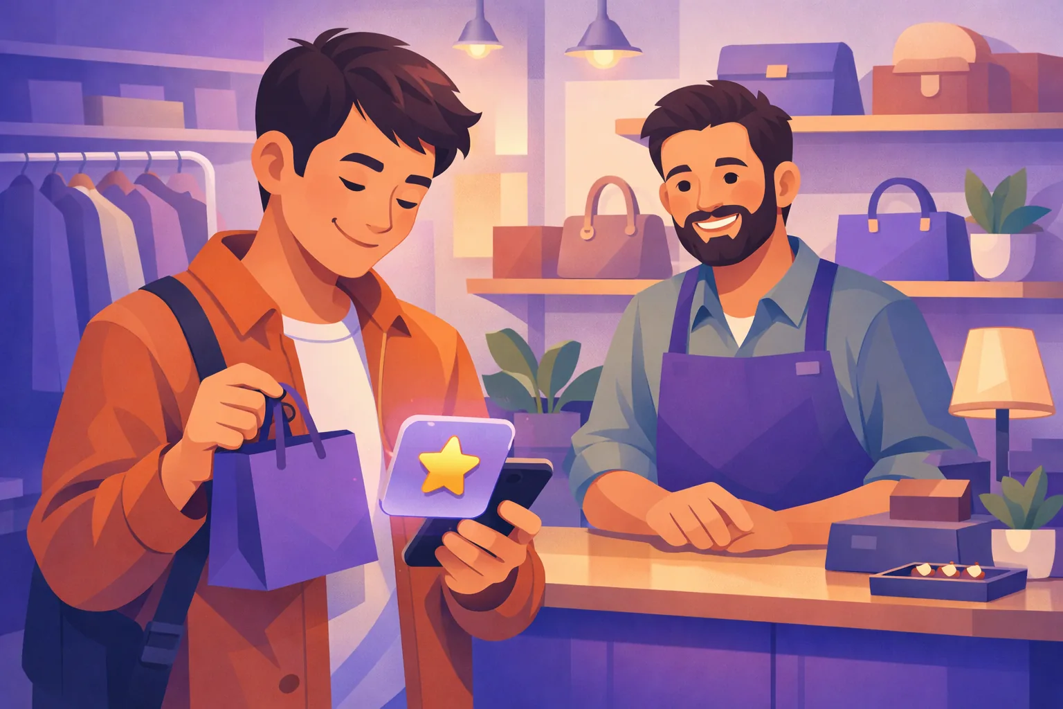 Happy customer at a shop counter smiling at a single gold star review card on his phone