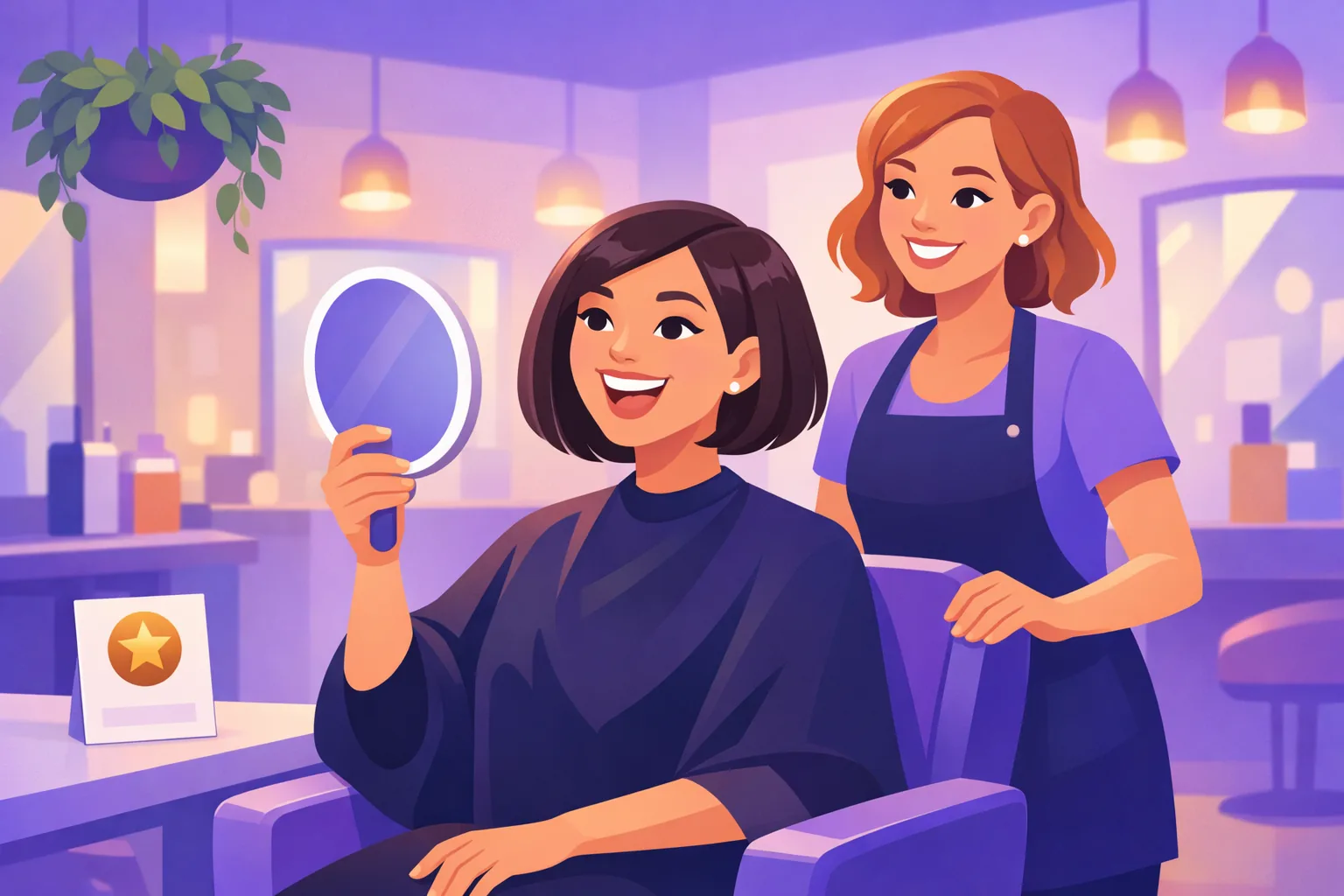 Delighted salon client smiling at her fresh haircut in a handheld mirror as the stylist looks on