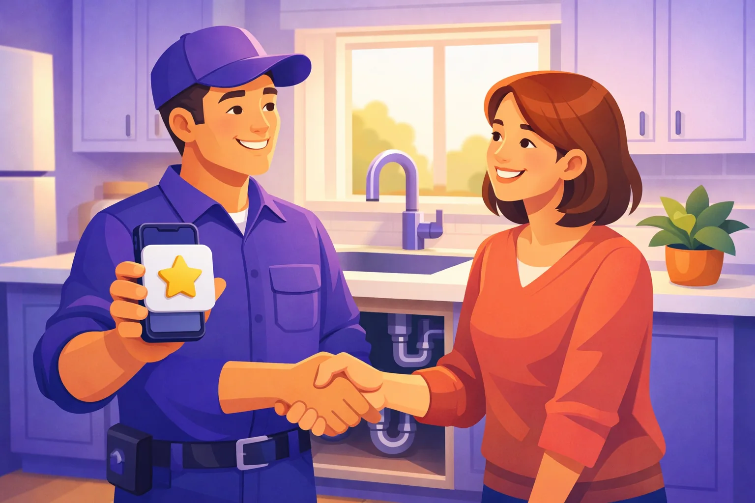 Home service technician and smiling homeowner shaking hands by a finished repair, phone showing a review card