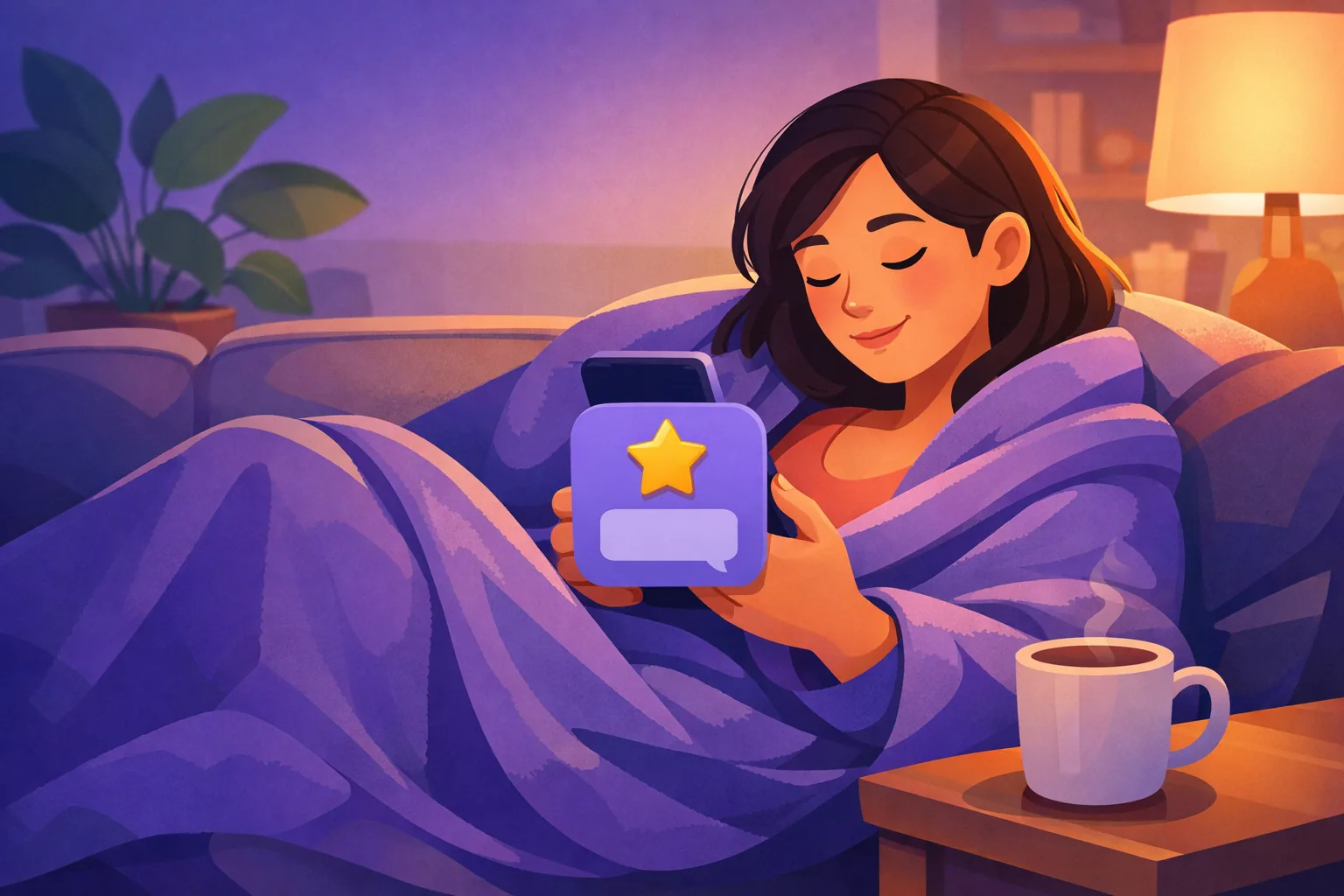 Relaxed woman on her couch in the evening reading a friendly review request on her phone