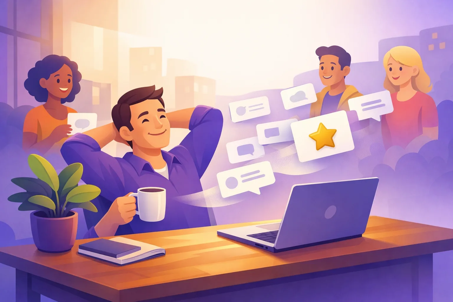 Relaxed business owner at a sunny desk while review requests send themselves to happy customers