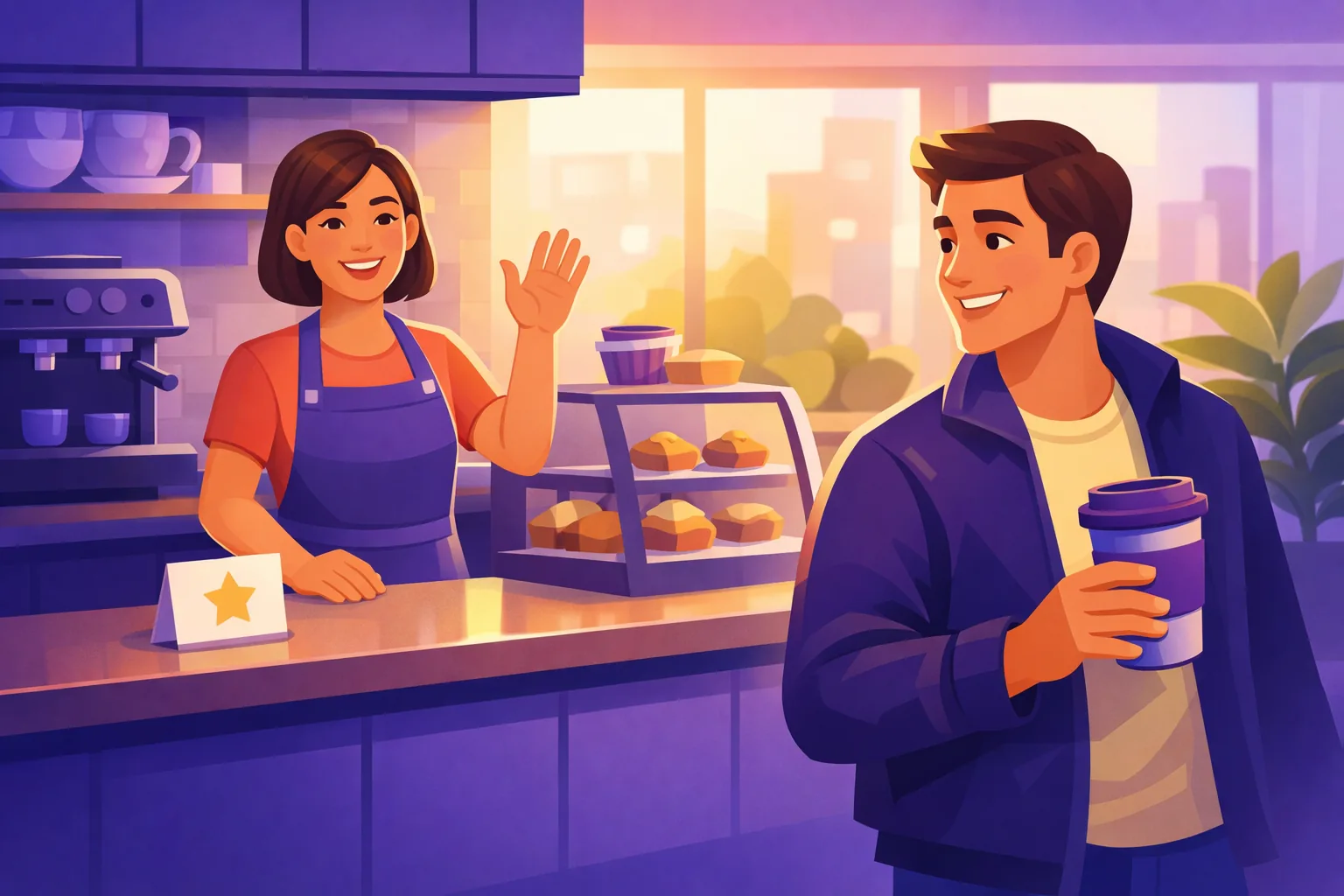 Cheerful cafe owner waving goodbye to a smiling, satisfied customer leaving with a coffee