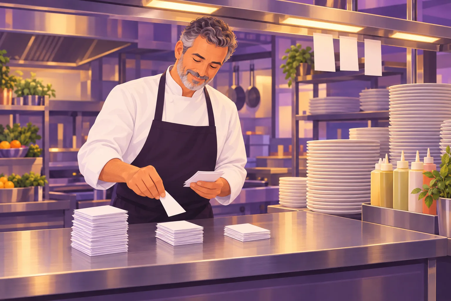 Restaurant owner at a steel kitchen pass after service, sorting blank order slips from the rail into three neat piles