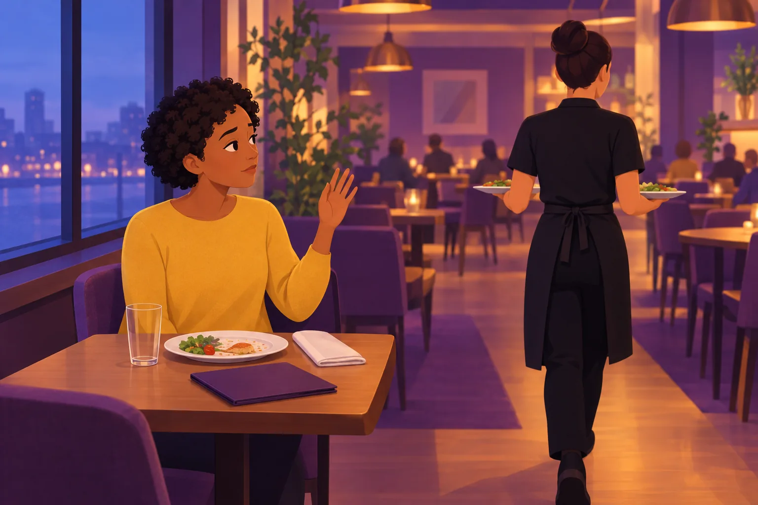 Diner alone at a two-top with an empty water glass and a hand half raised, as a server walks past with her back turned