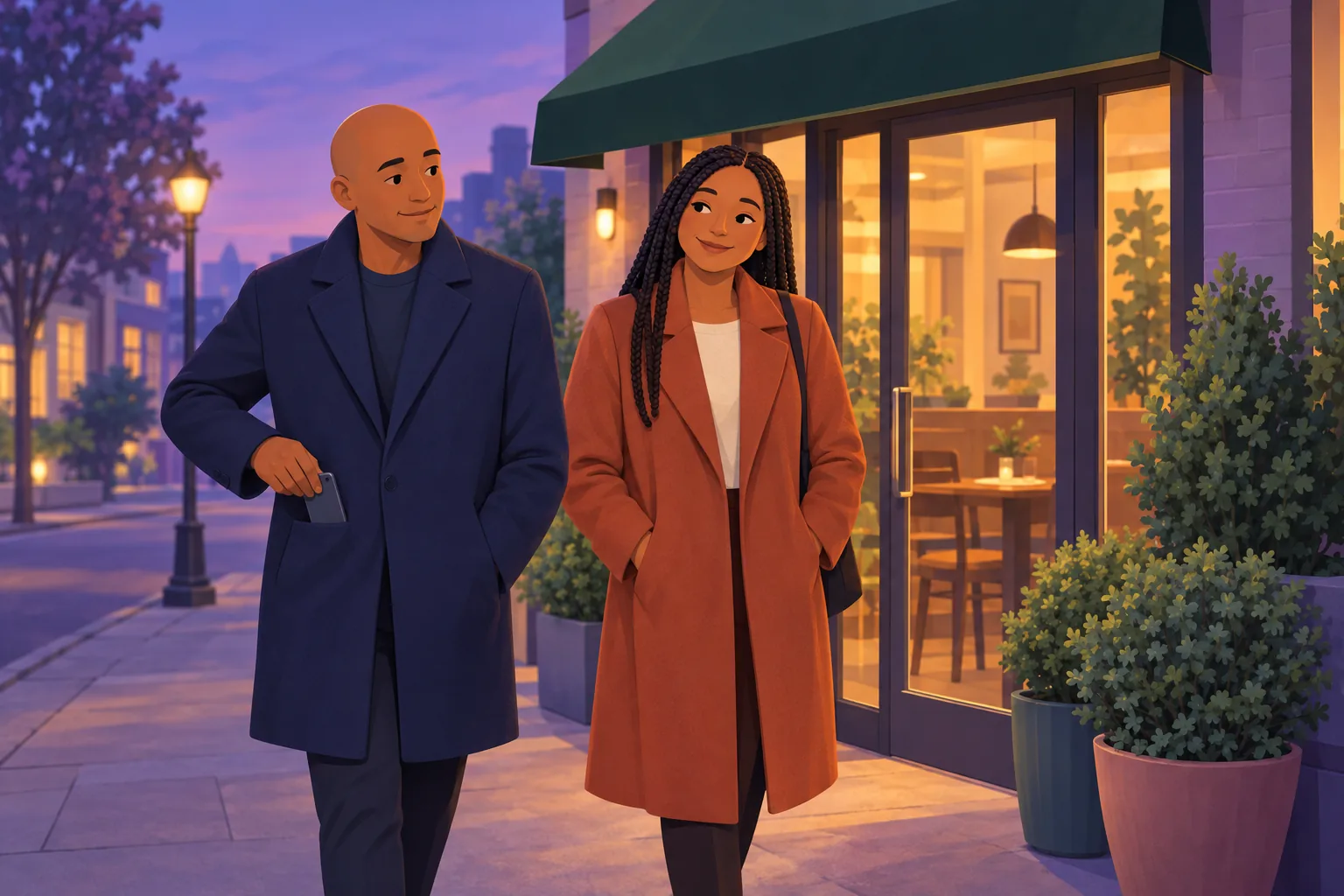 Couple leaving a restaurant at dusk with quiet, satisfied-enough smiles, one of them slipping a phone into a coat pocket
