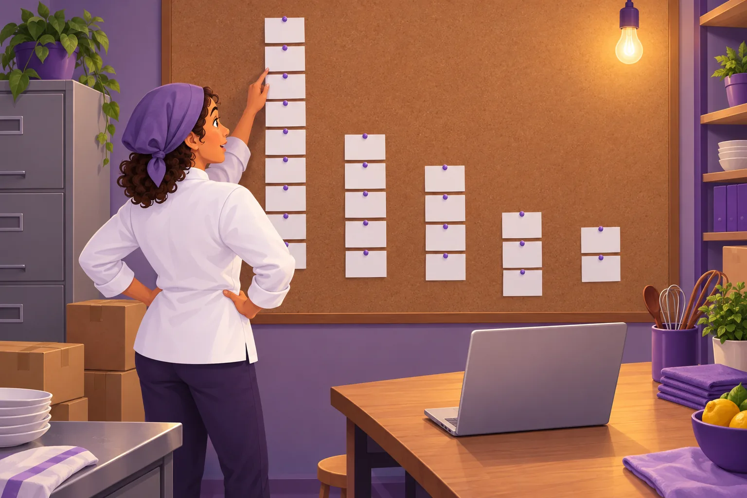 Chef-owner studying a wall where blank cards are pinned in columns of different heights, like a bar chart made of paper