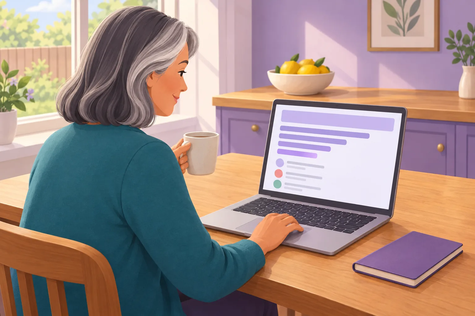 Restaurant owner at her kitchen table at home, laptop over her shoulder showing a short list of theme bars of different lengths