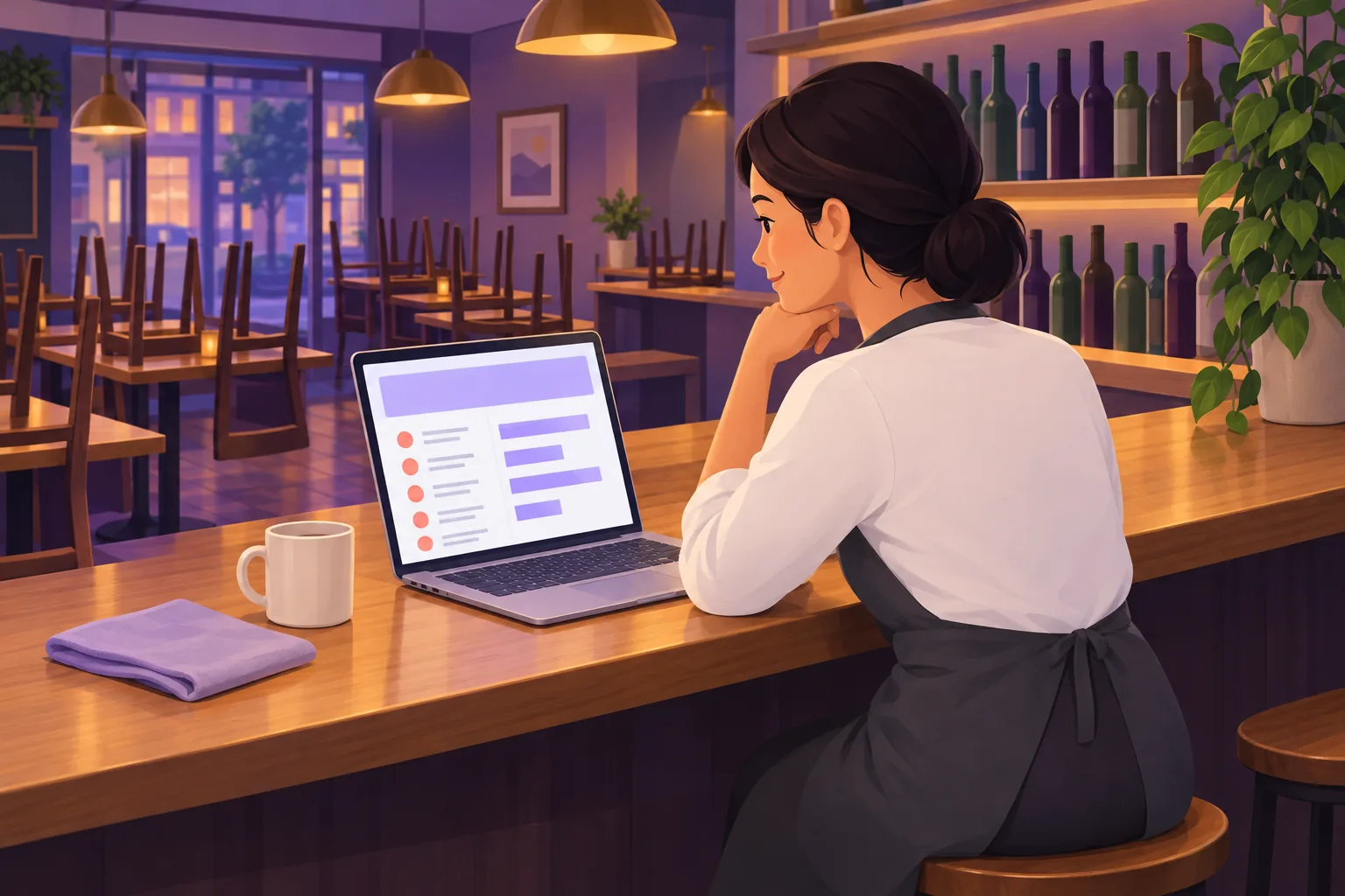 Restaurant owner at the bar after closing, reading a sorted list of low-star reviews on her laptop over her shoulder