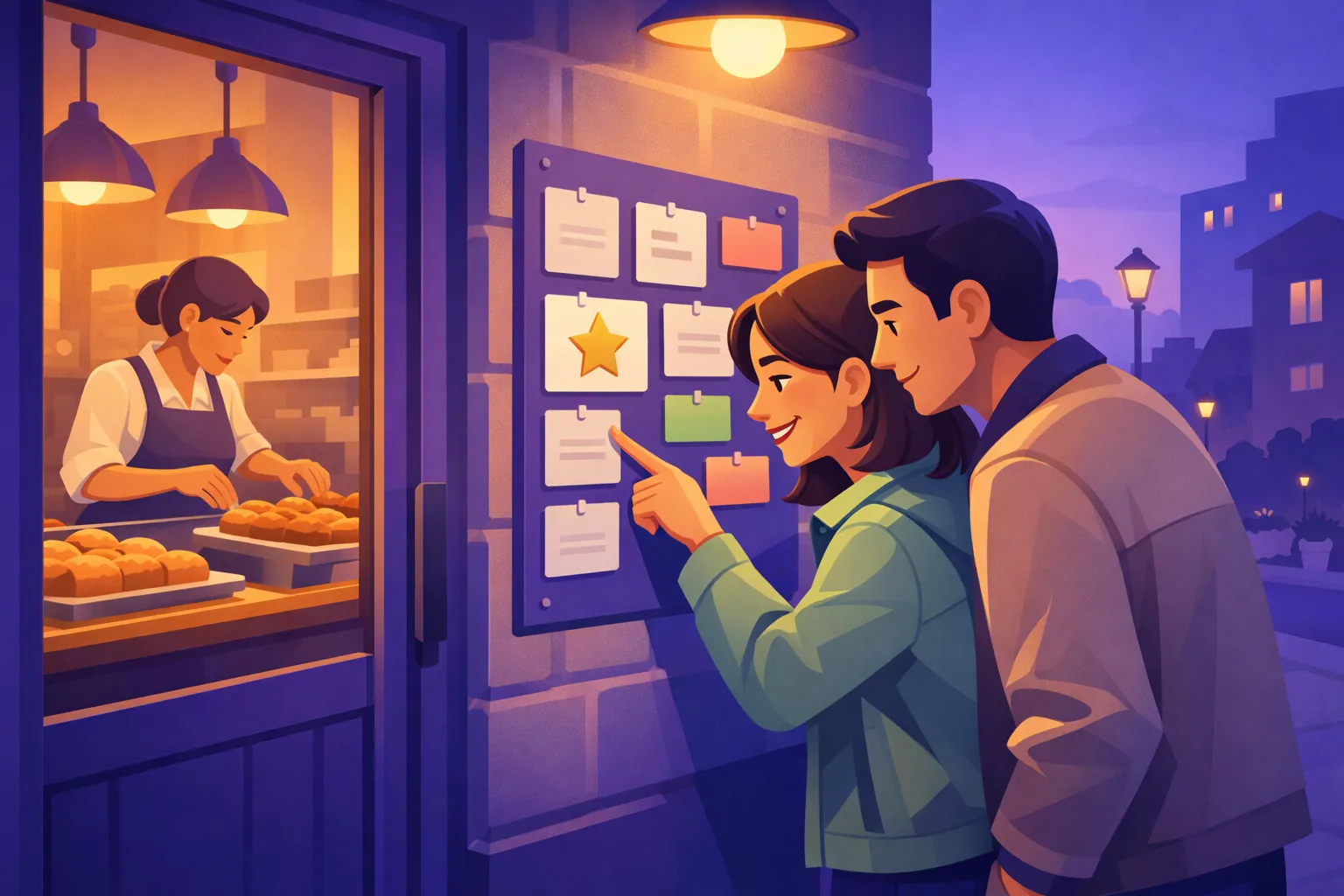 Couple pausing outside a warm storefront window in the evening to read the shop's display board of announcement cards