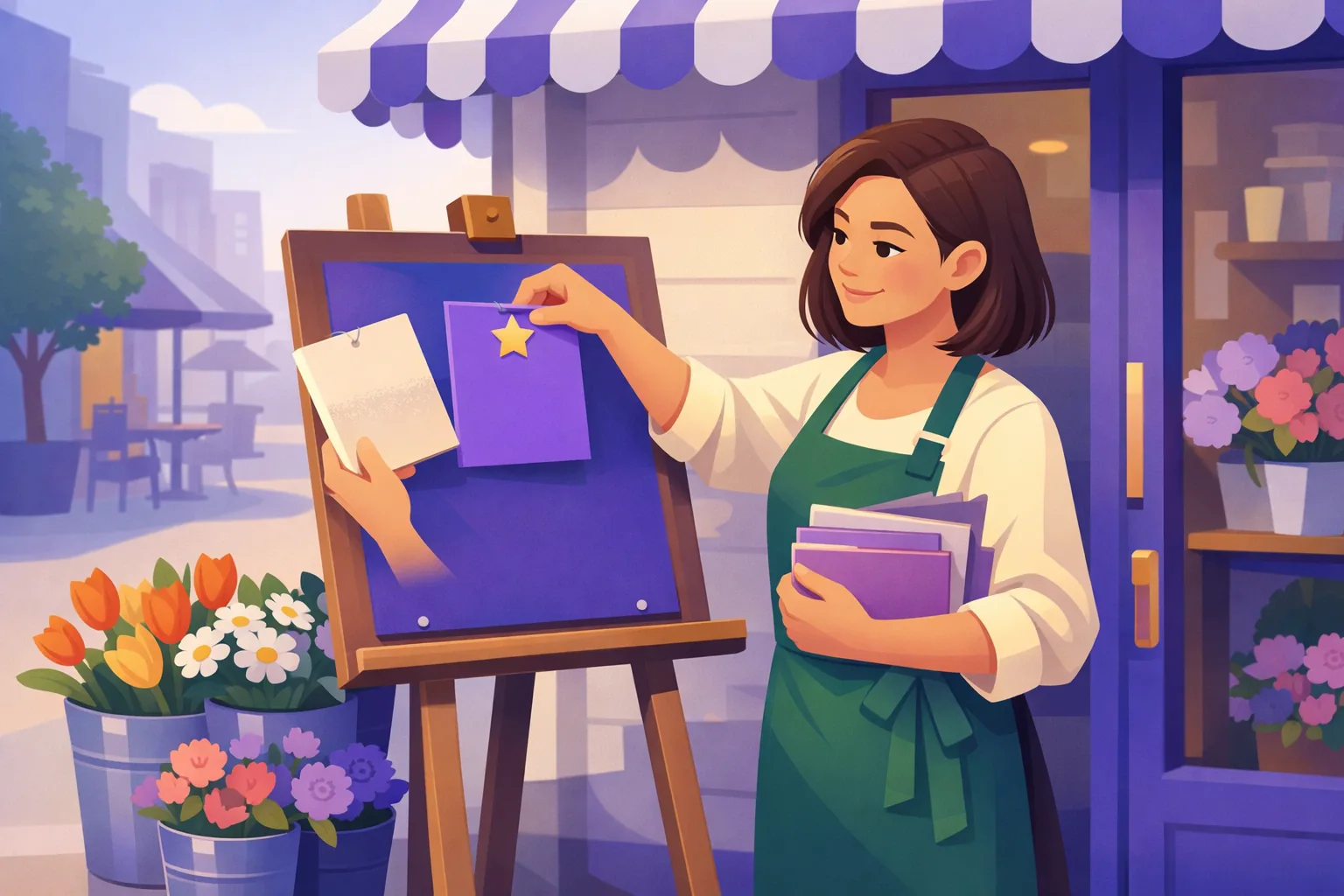Florist swapping a faded card off the easel by her shop door and pinning up a fresh bright one