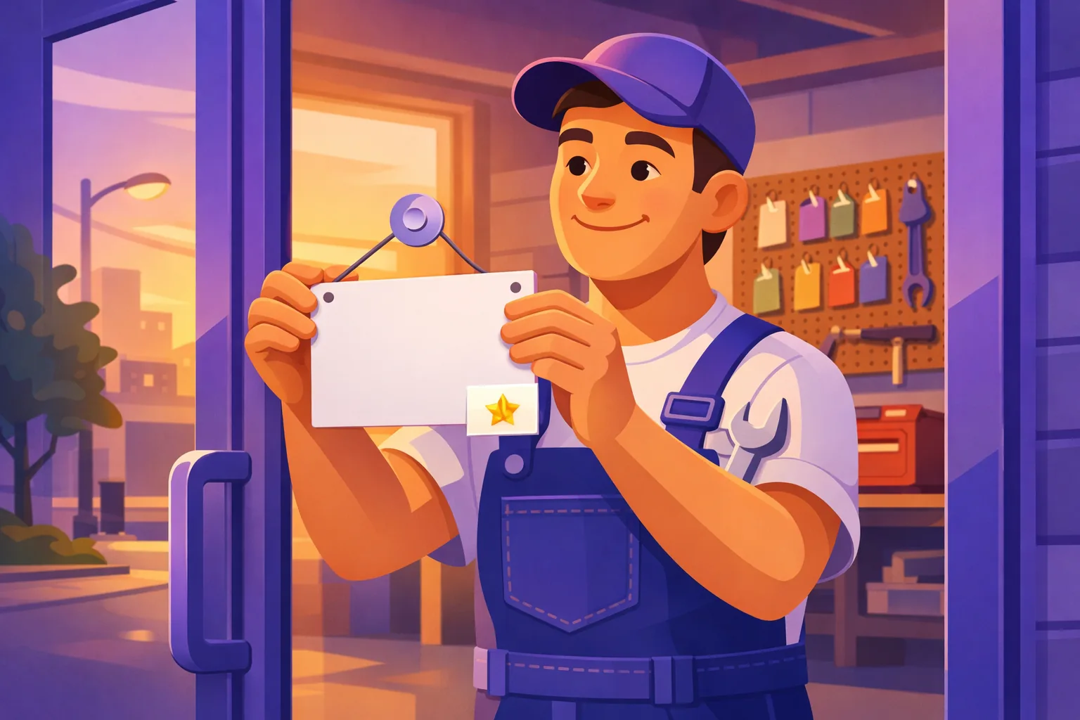 Mechanic happily updating the opening-hours placard on his shop door in morning light, tidy service tags on the wall behind him