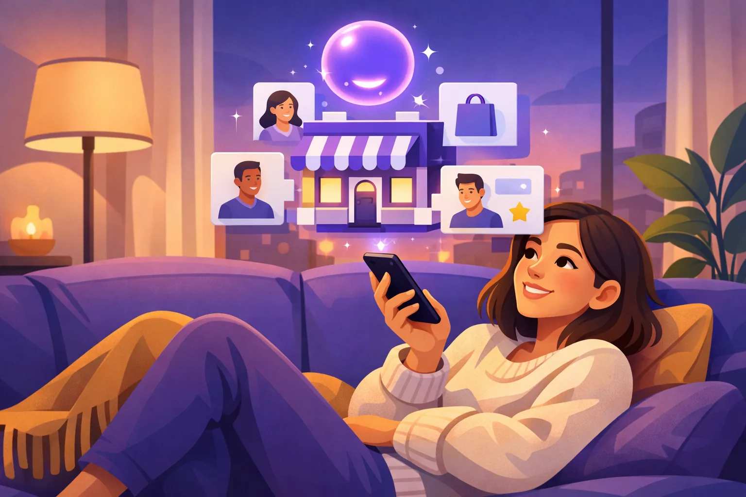 Woman on her sofa asking her phone's assistant for a recommendation while a glowing orb assembles a tiny storefront from profile cards