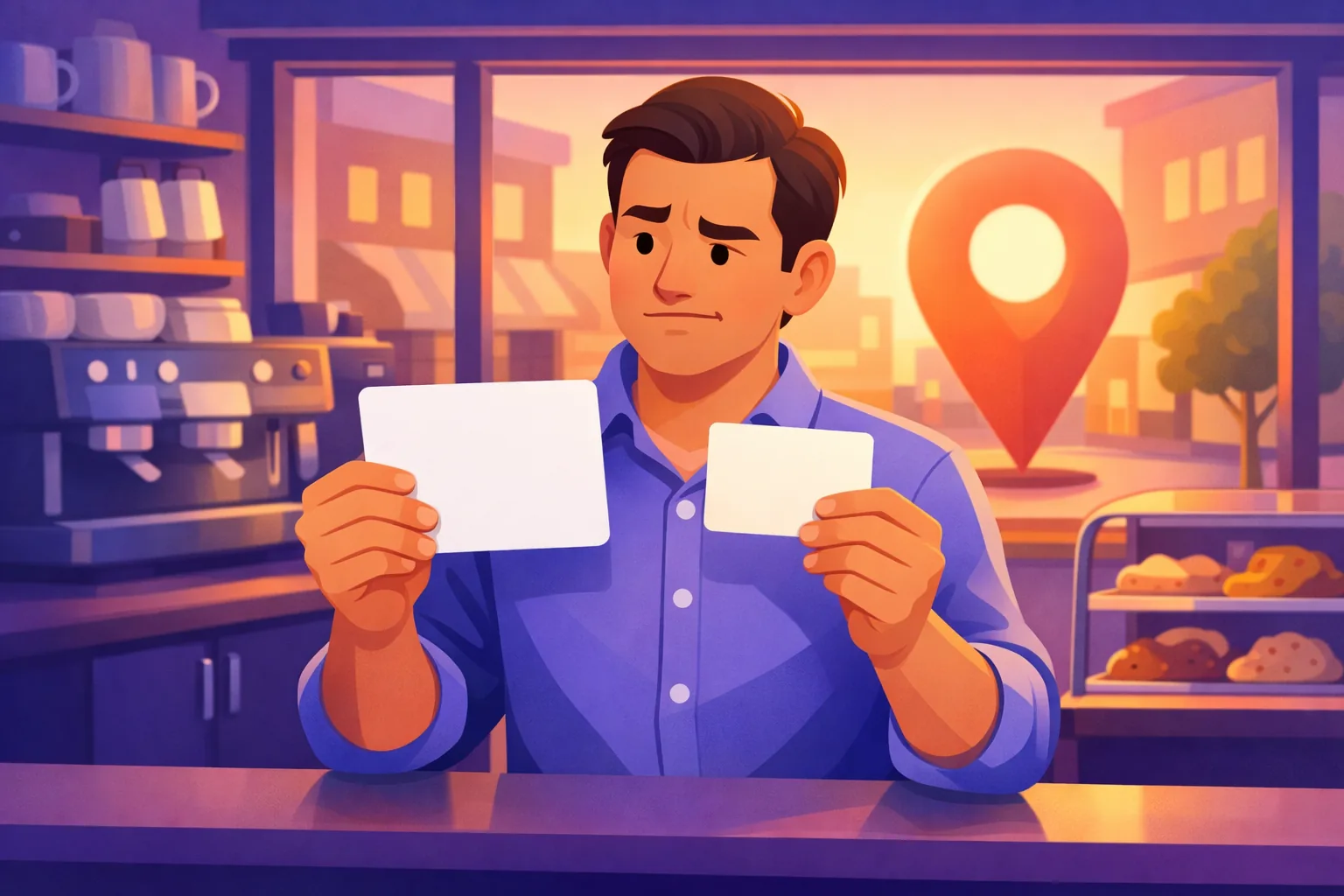 Business owner at a cafe counter comparing two mismatched cards while a large map pin glows outside the window