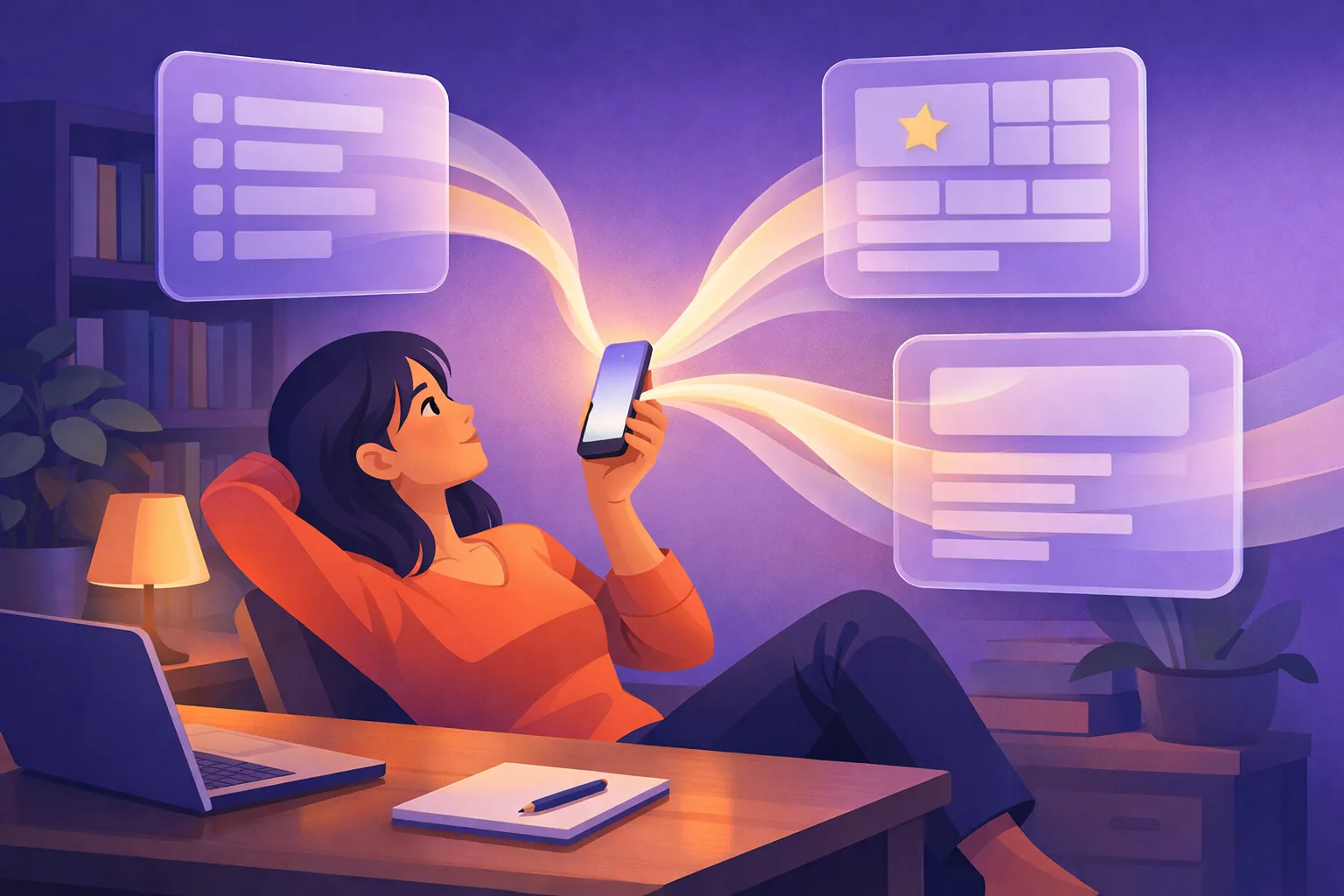 Woman in a warm home office at night asking her phone a question while ribbons of light stream from floating panels into the phone