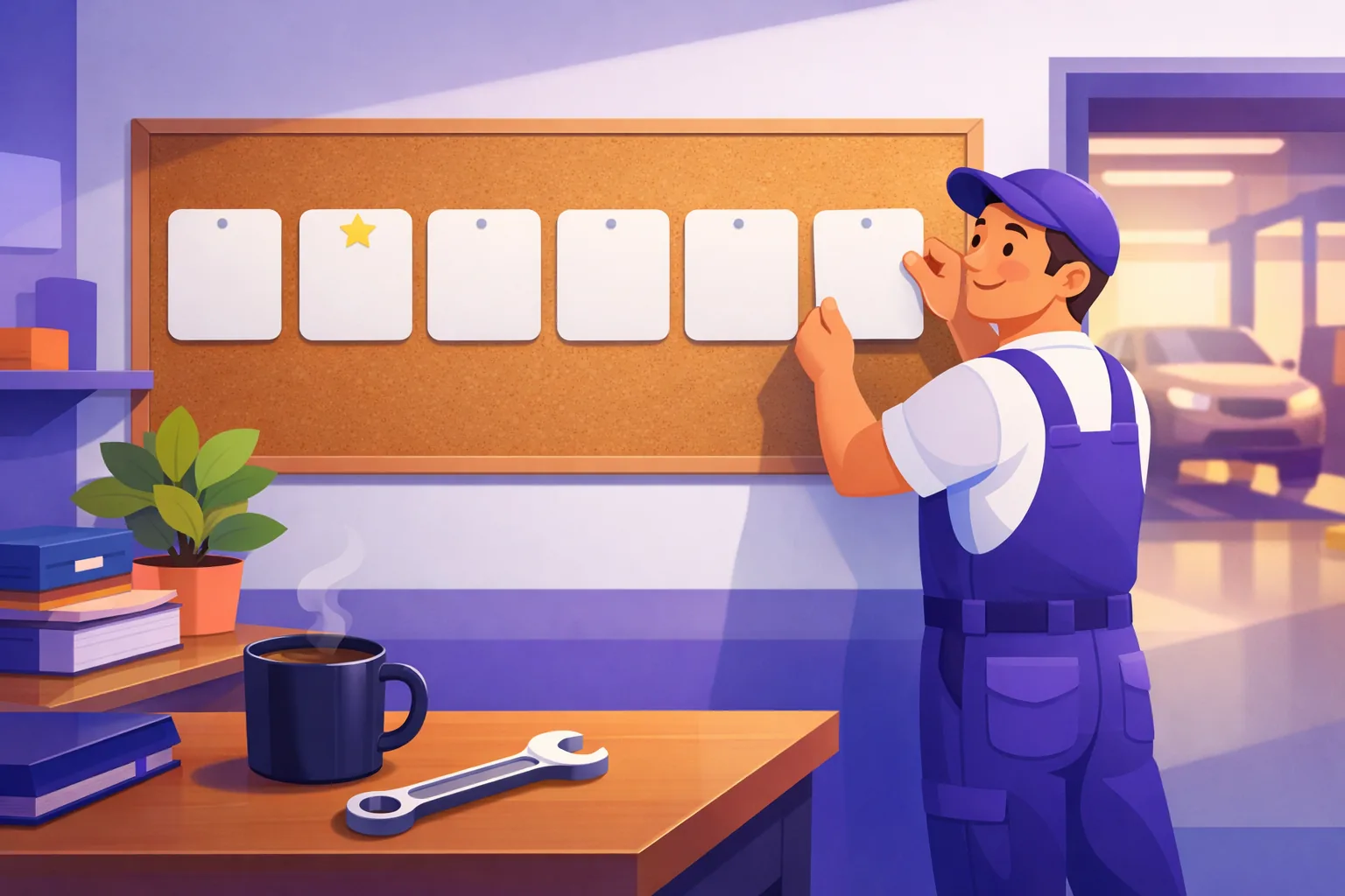 Mechanic at his garage desk in morning light arranging six blank cards into one tidy row on a pinboard