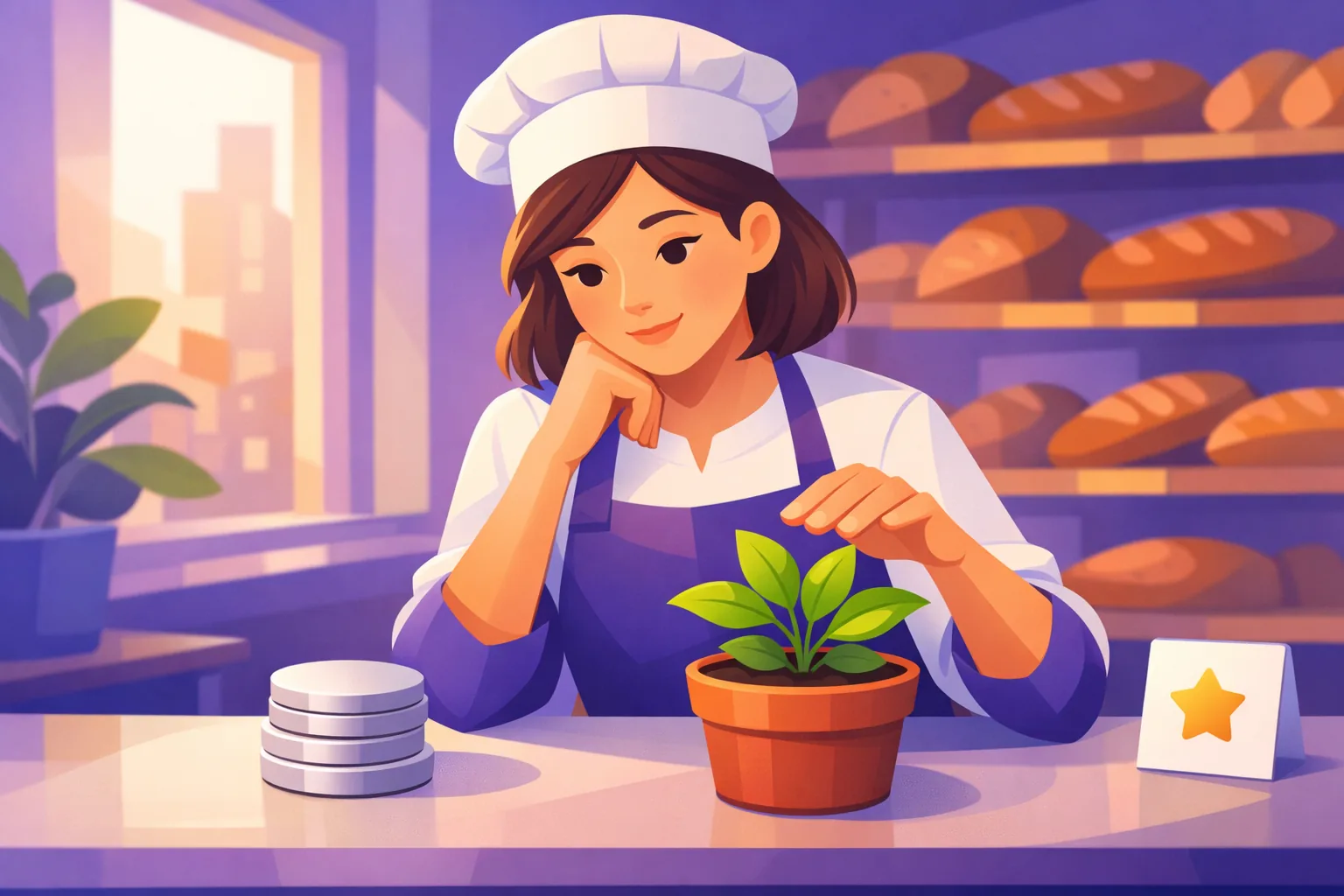 Bakery owner at a sunlit table choosing between a small stack of coins and a growing plant, hand hovering over the plant