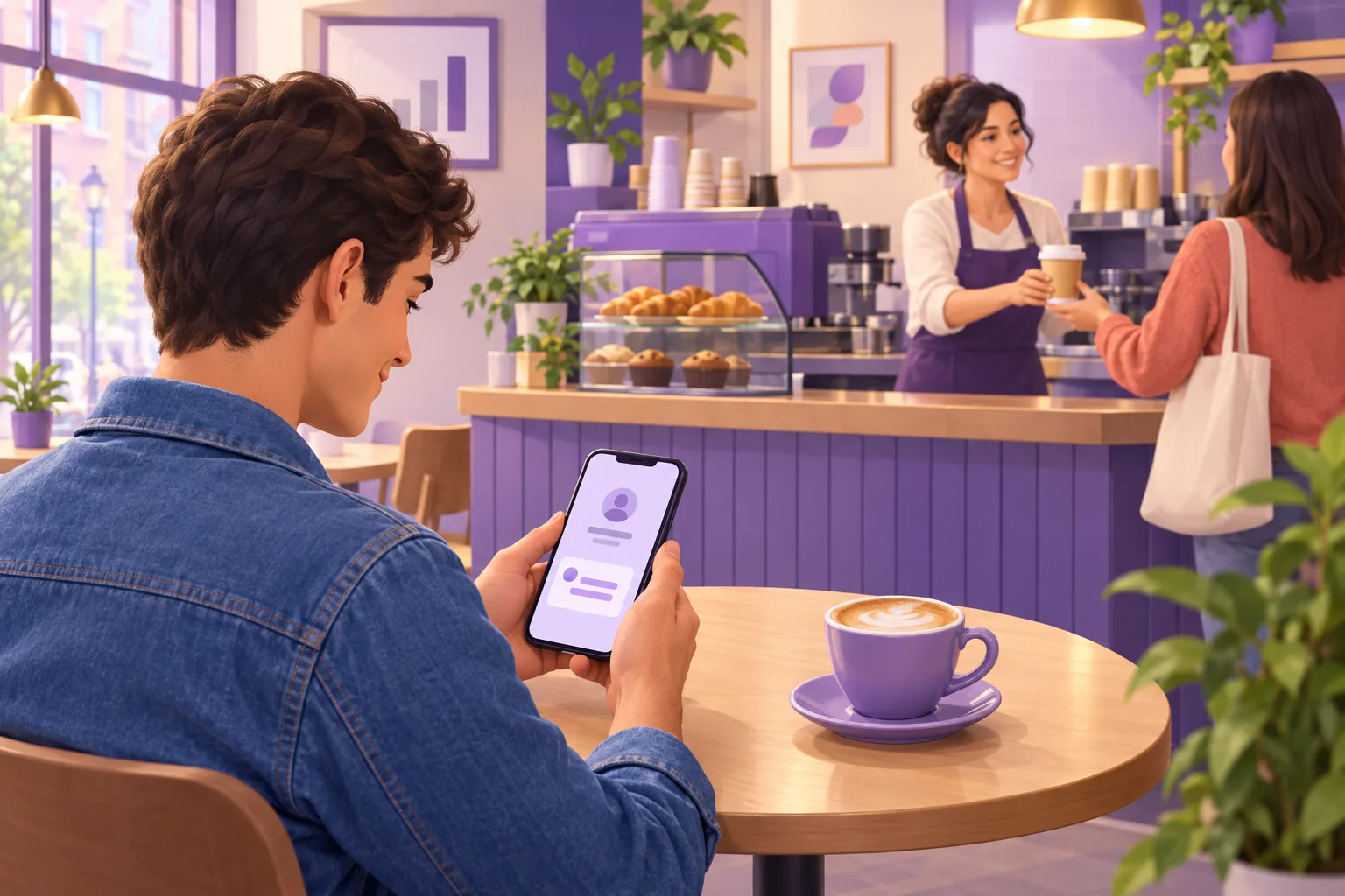 Cafe customer at a table reading a business's reply on his phone while the owner serves at the counter behind him
