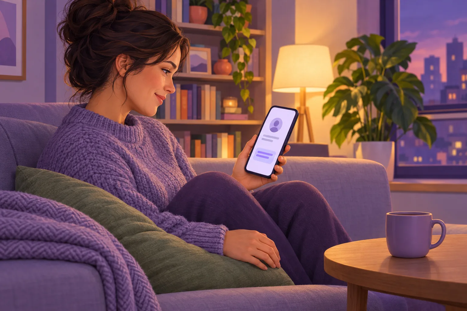 Woman on her sofa in the evening, softening as she rereads a business's reply on her phone