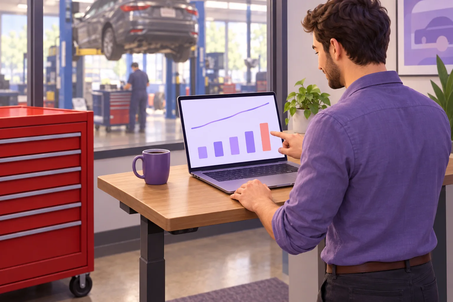 Auto shop owner at a standing desk pointing at a rising line and a row of bars on his laptop, seen over his shoulder