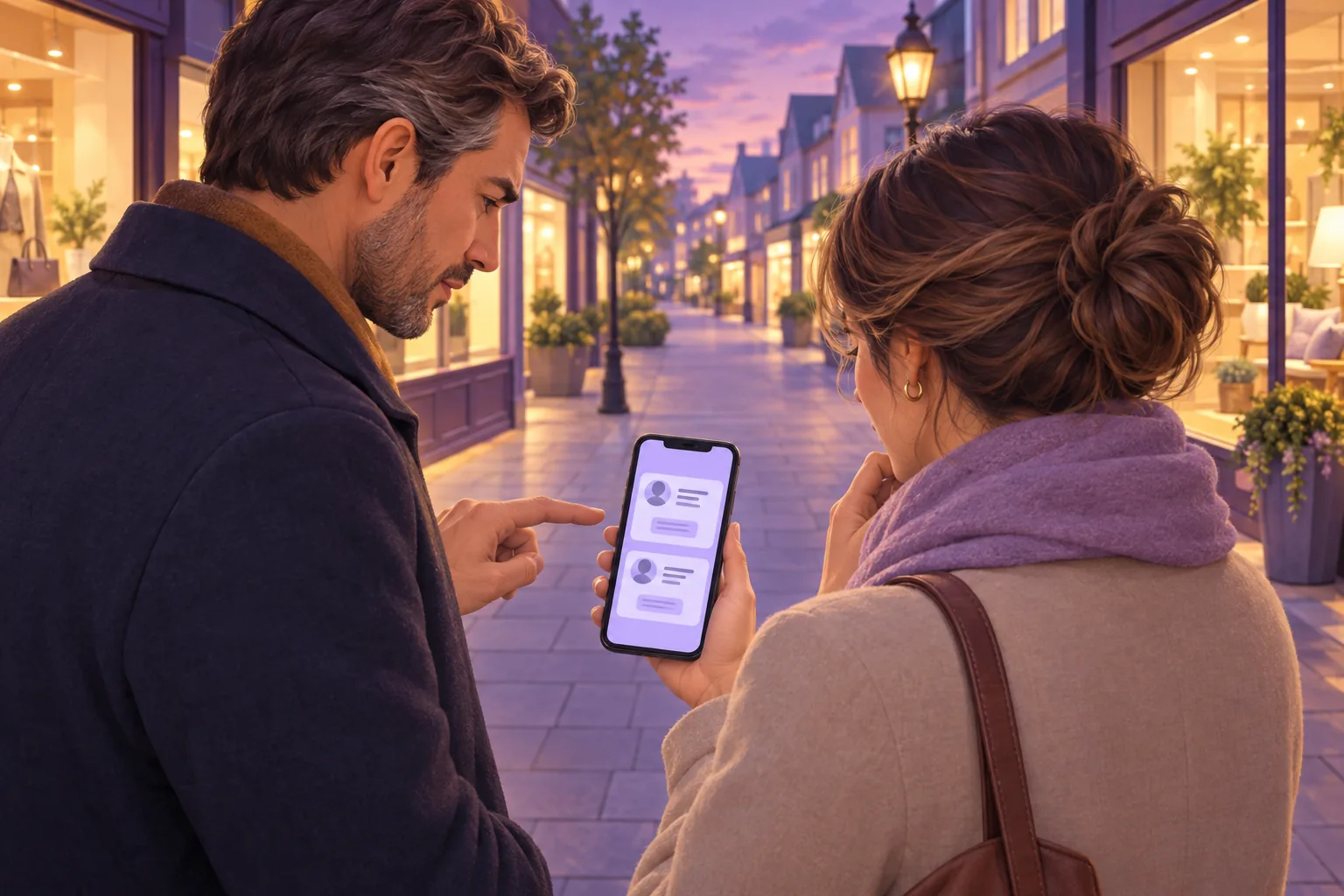 Couple on a dusk shopping street looking at identical business replies on a phone, the man unconvinced