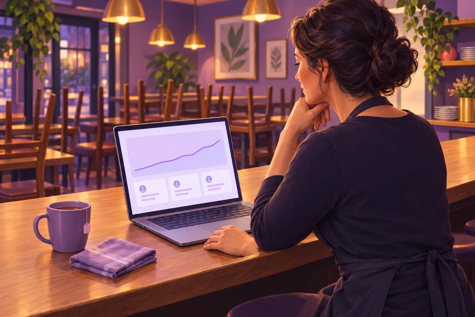 Restaurant owner at her bar counter after closing, studying a gently rising line on her laptop over her shoulder
