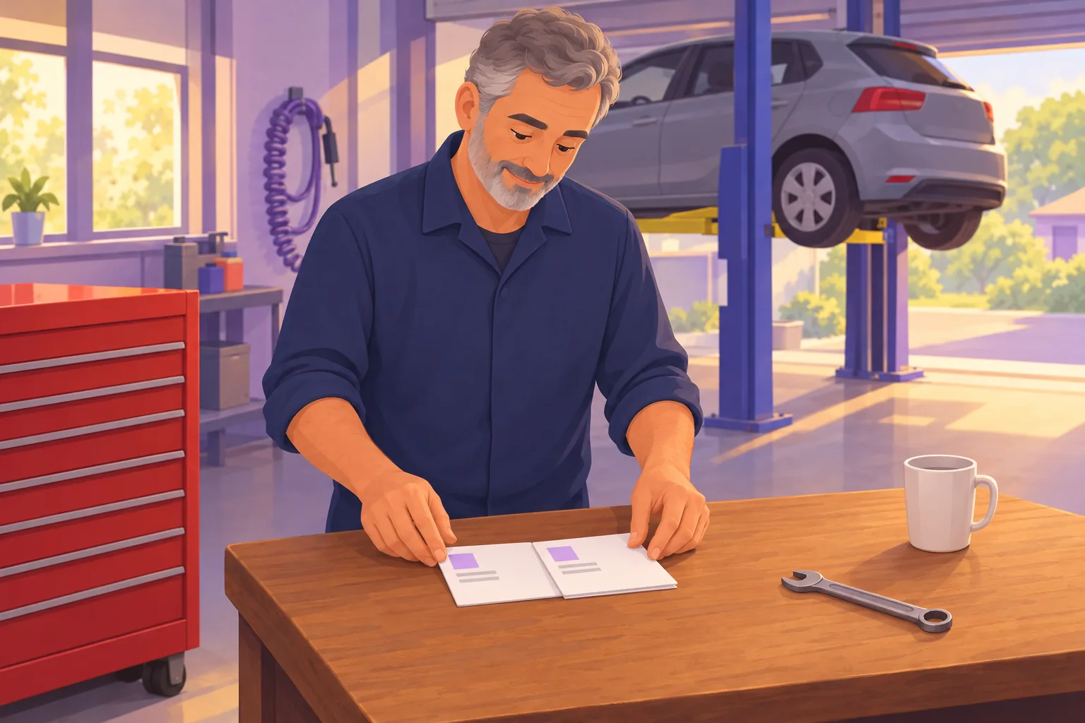 Mechanic at his workbench sliding two identical paper cards together into a single stack