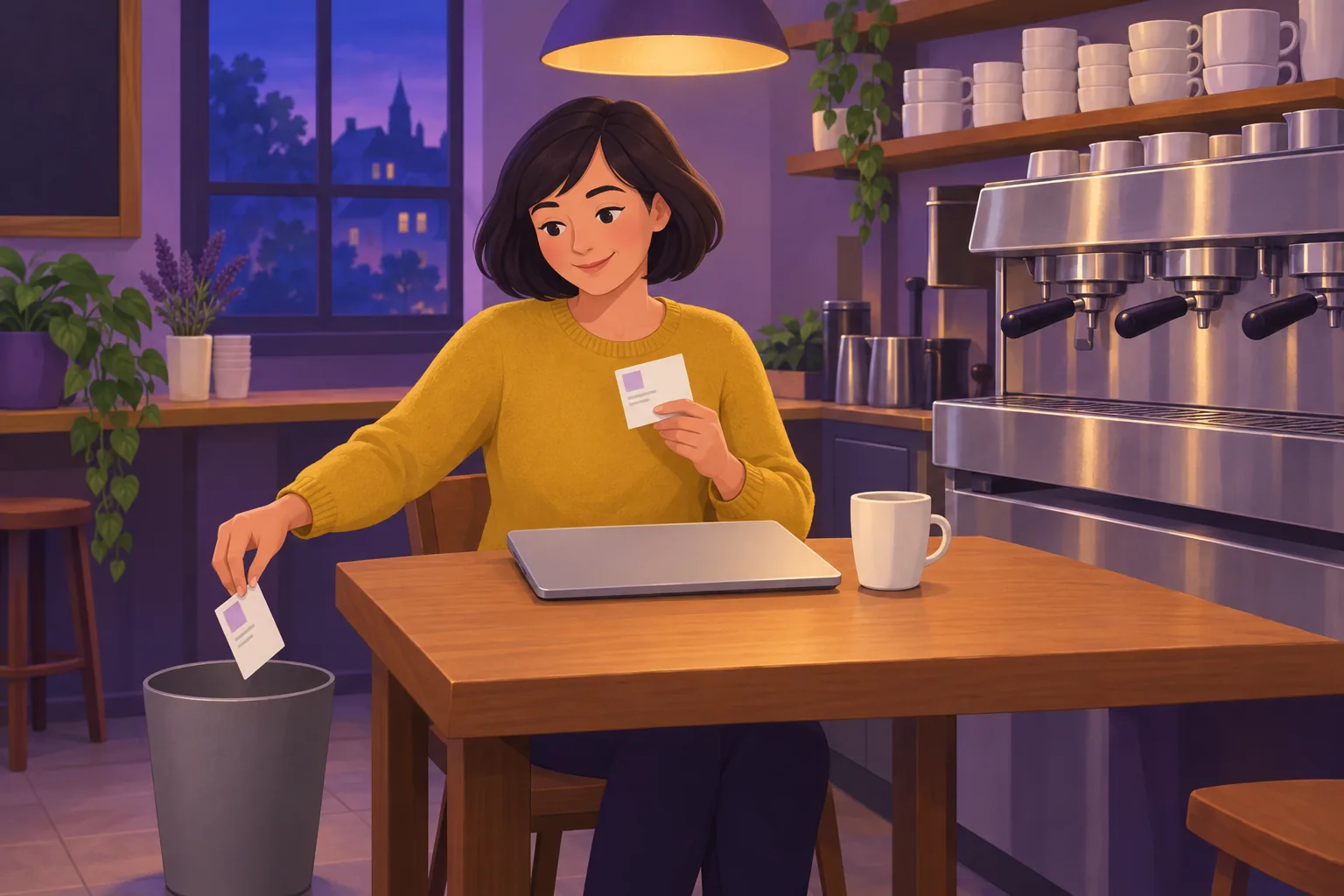 Cafe owner at her kitchen table dropping one of two identical cards into a small wastebasket