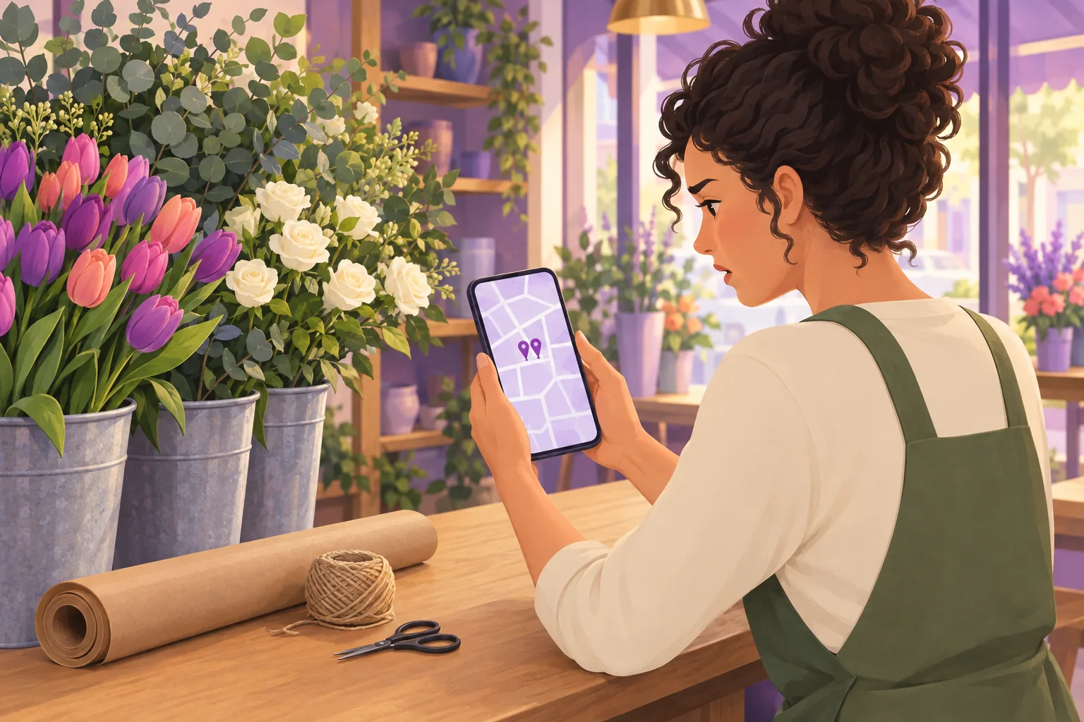Florist at her counter looking at a map on her phone where two identical pins stand on the same spot for her shop