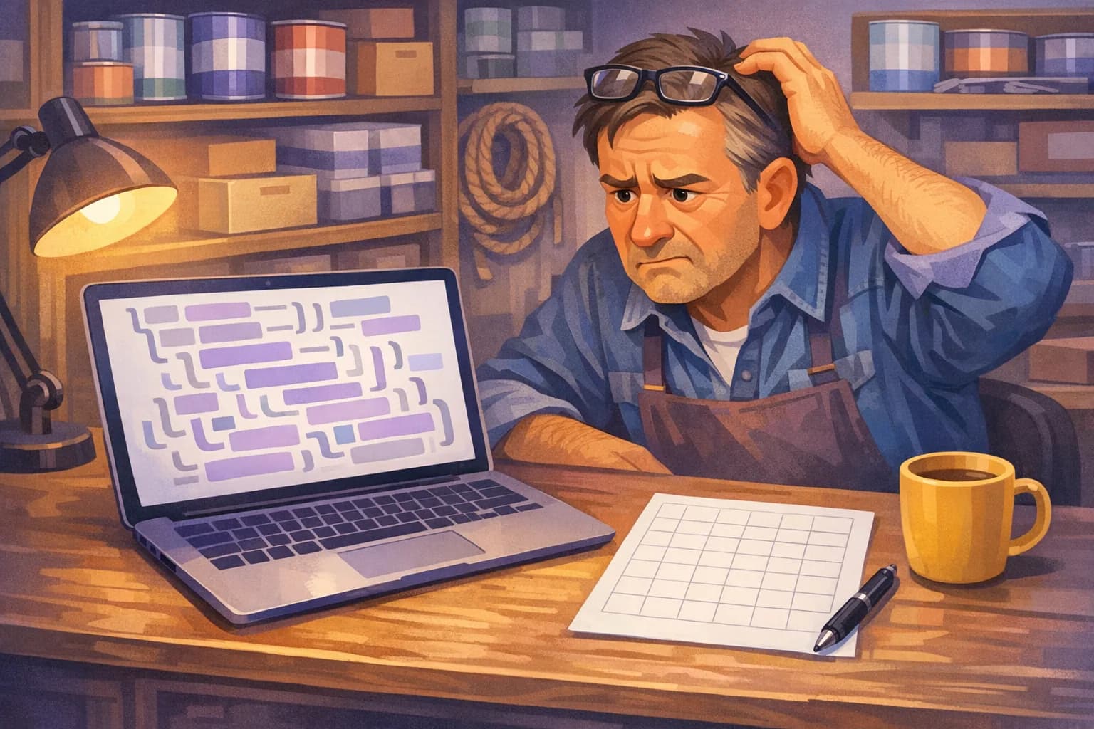 Hardware store owner at his back-office desk frowning at a laptop full of tangled nested blocks while a neat empty grid waits beside it