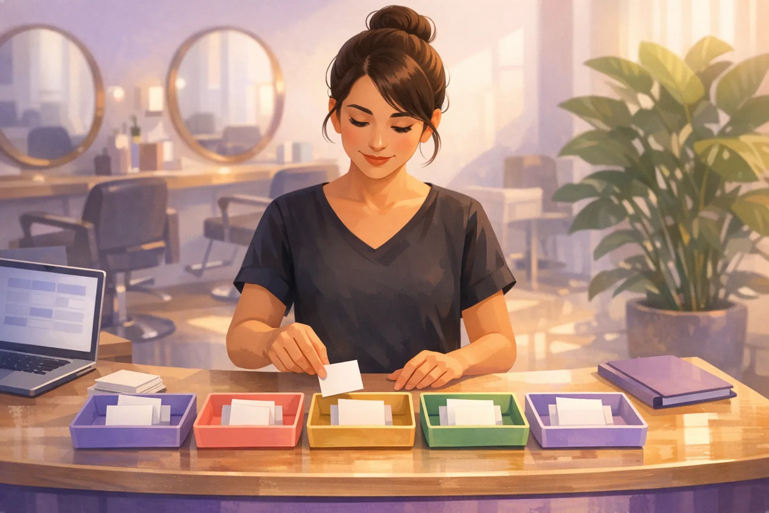 Salon owner at her front desk calmly sorting review cards into five coloured trays, one for each column